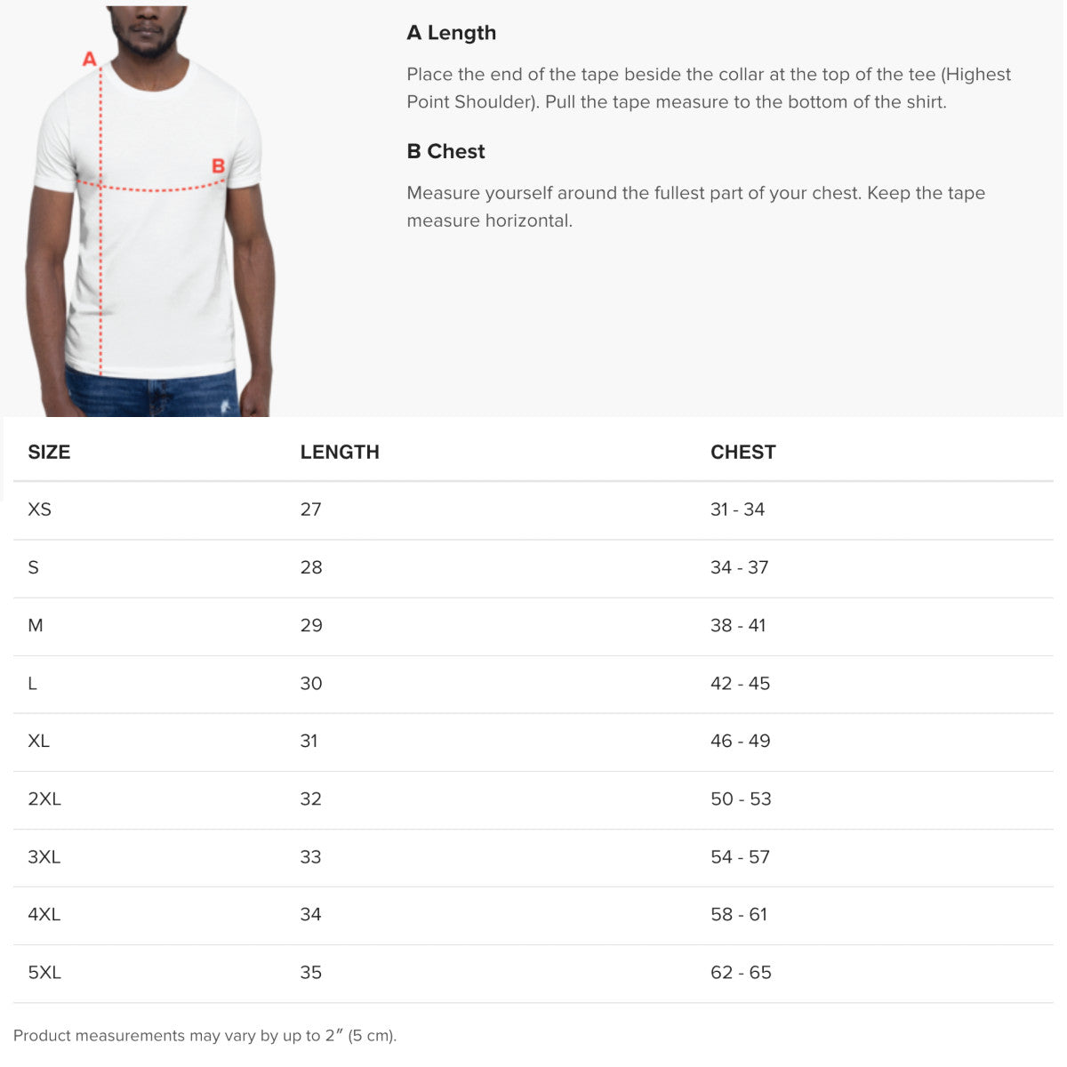 Measurement guide for a white t-shirt with size chart on a white background