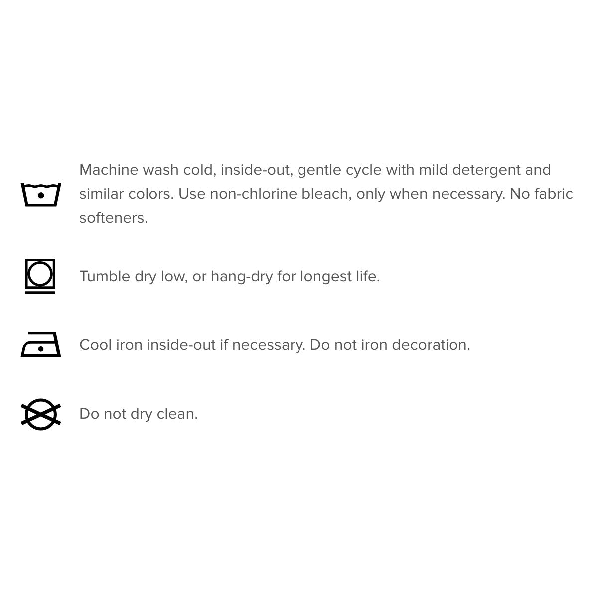 Washing, drying, and ironing instructions with corresponding icons on a white background
