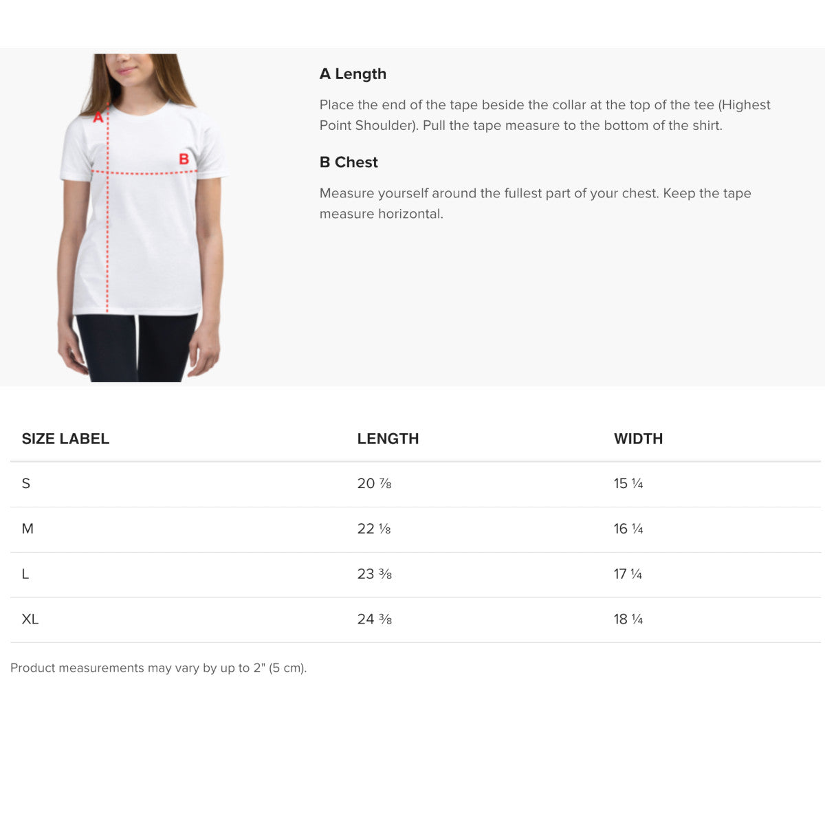 Measurement guide for a t-shirt with size chart on a white background