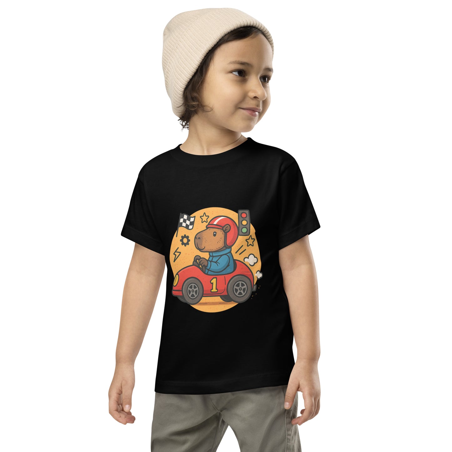 Cartoon Capybara on a Race Car with Number 1 Toddler T-Shirt front view, soft cotton kids tee