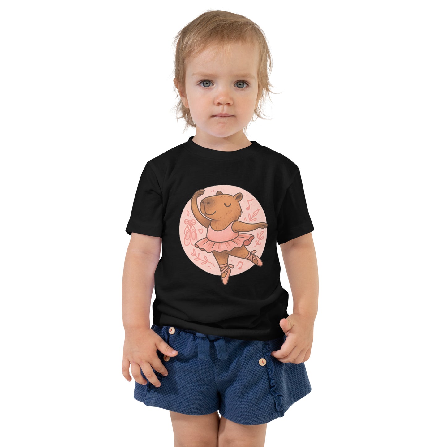 Cartoon Capybara Ballerina in Pink Dress Toddler T-Shirt front view, soft cotton kids tee