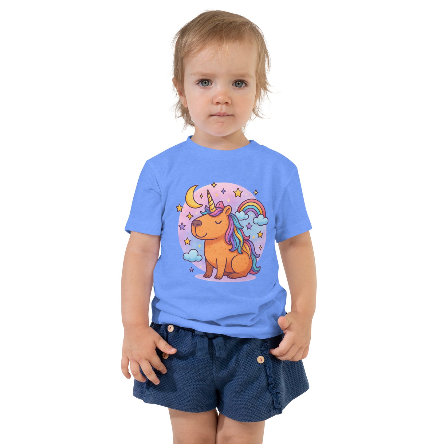 Magical Capybara Unicorn Toddler T-Shirt front view, soft cotton kids tee