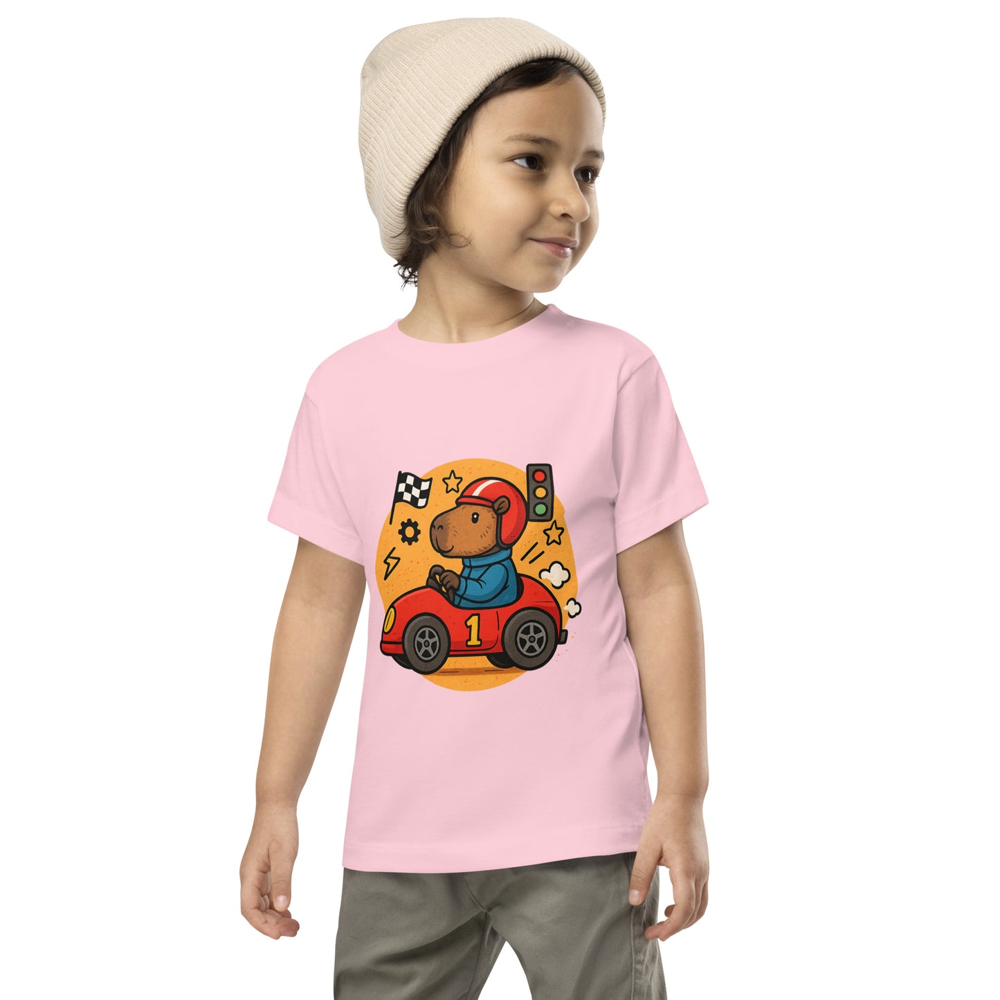 Cartoon Capybara on a Race Car with Number 1 Toddler T-Shirt front view, soft cotton kids tee