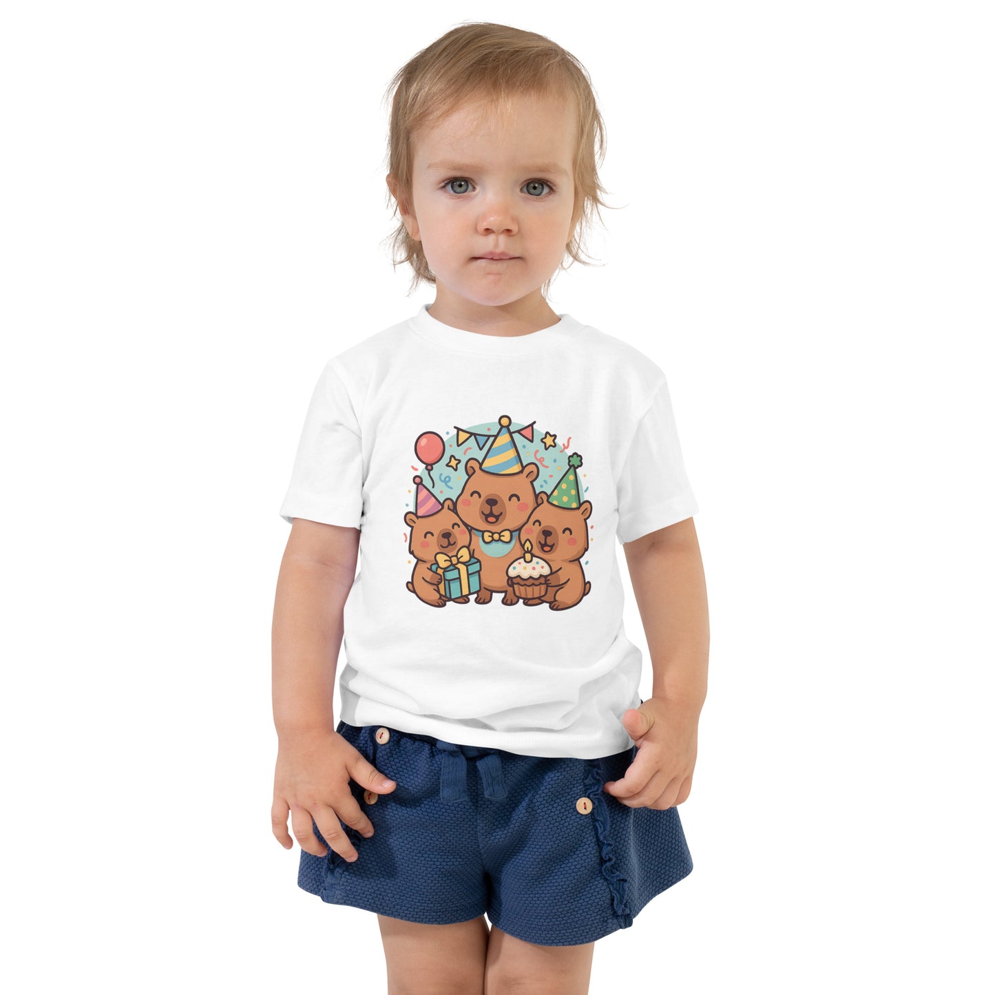 Close-up of adorable Capybara Birthday Party design with cake and balloons on a child's t-shirt