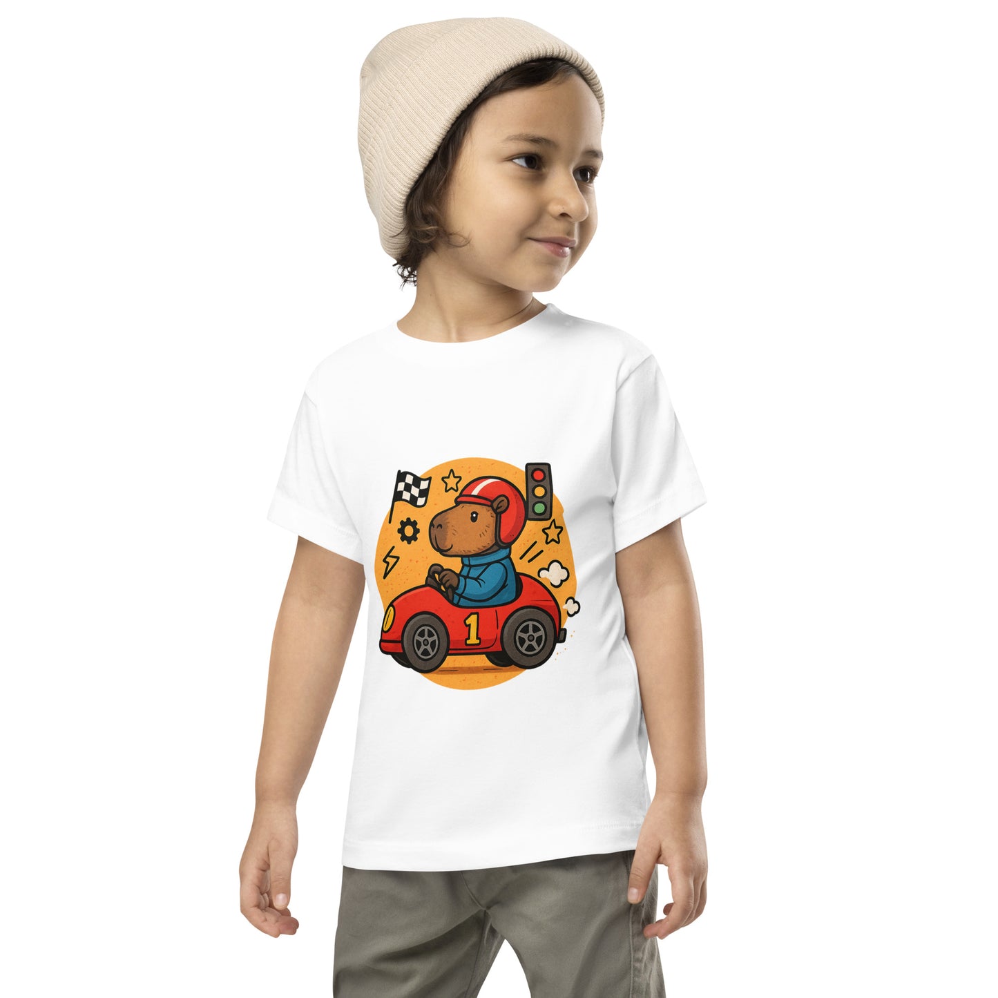 Cartoon Capybara on a Race Car with Number 1 Toddler T-Shirt front view, soft cotton kids tee
