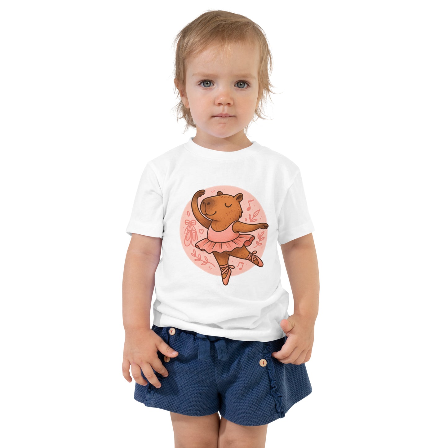Cartoon Capybara Ballerina in Pink Dress Toddler T-Shirt front view, soft cotton kids tee