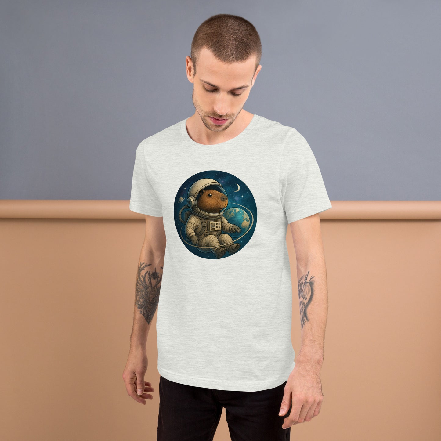 Cartoon Astronaut Capybara floating in Space with Earth, Moon, and Saturn Men's T-Shirt front view