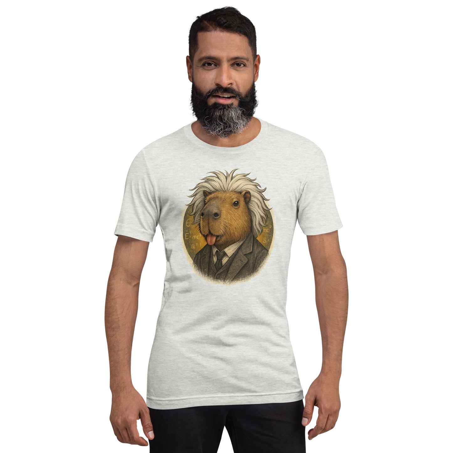 Cartoon Capybara dressed as Albert Einstein with messy hair and tongue out Adult T-Shirt front view