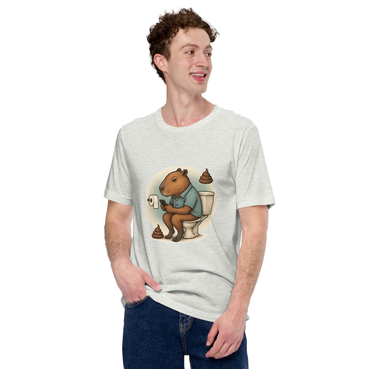 Cartoon Male Capybara sitting on toilet checking mobile phone with poop emojis Men's T-Shirt front view