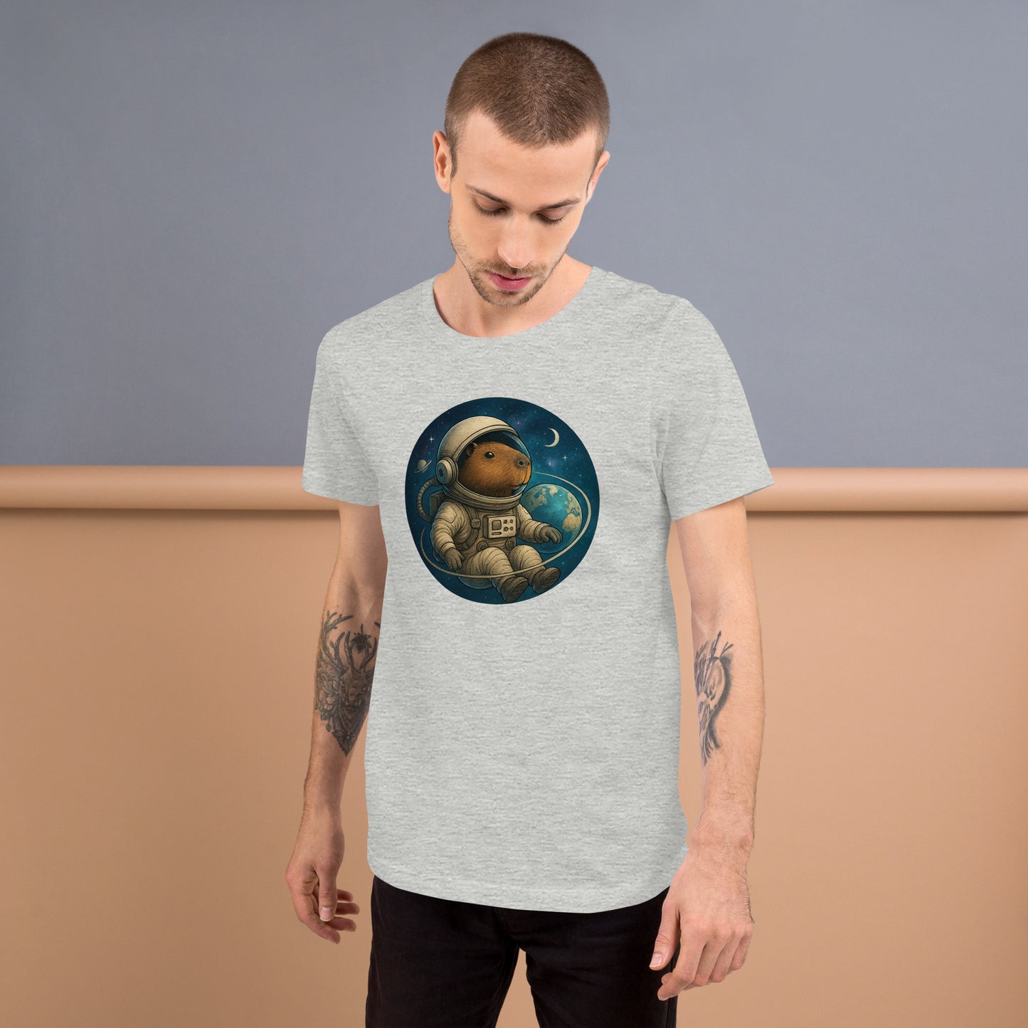 Cartoon Astronaut Capybara floating in Space with Earth, Moon, and Saturn Men's T-Shirt front view