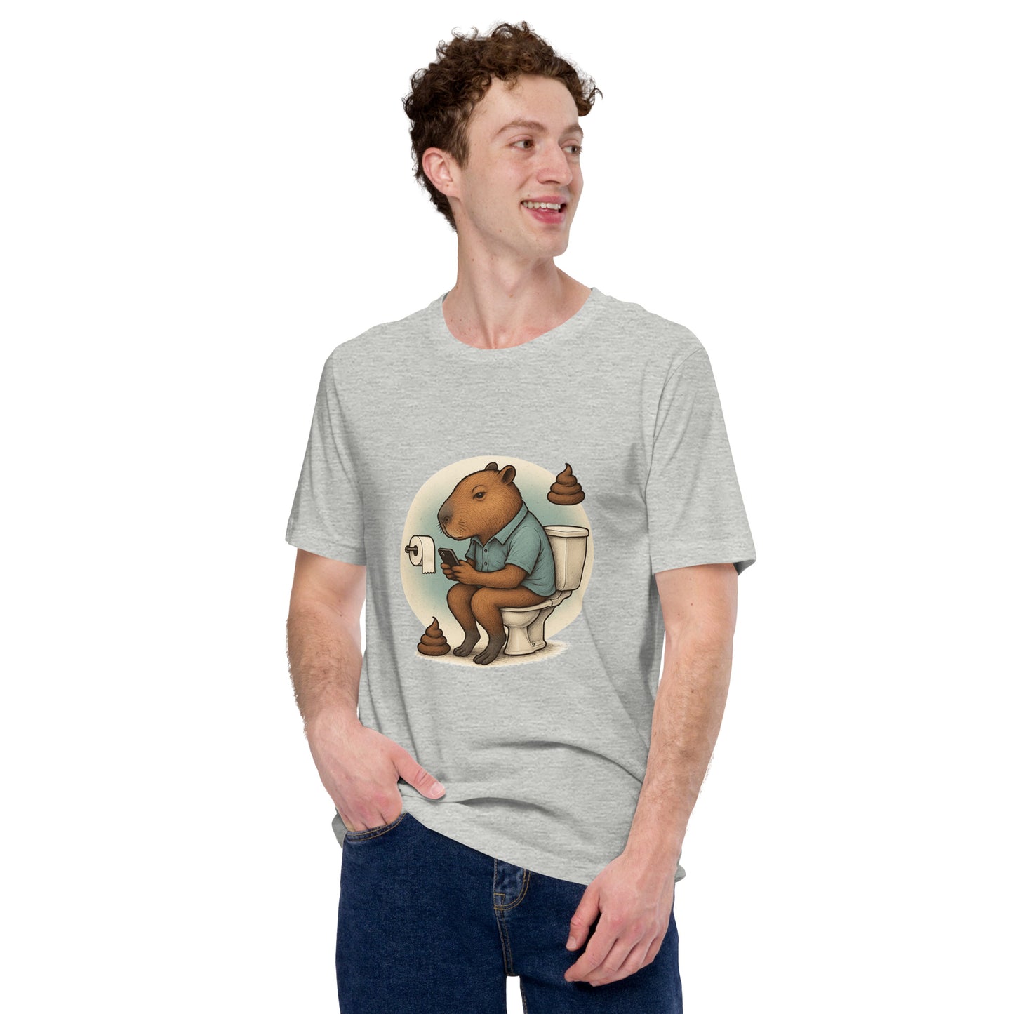 Cartoon Male Capybara sitting on toilet checking mobile phone with poop emojis Men's T-Shirt front view