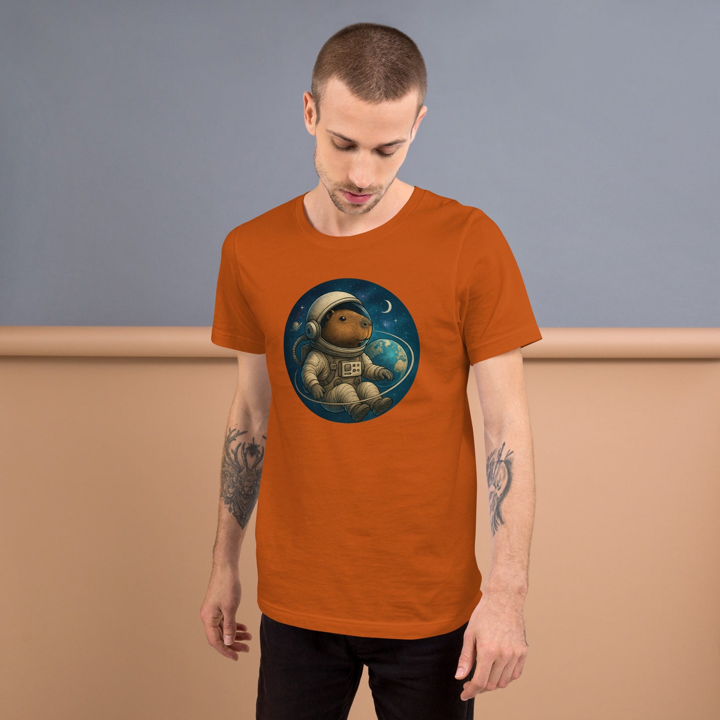 Cartoon Astronaut Capybara floating in Space with Earth, Moon, and Saturn Men's T-Shirt front view