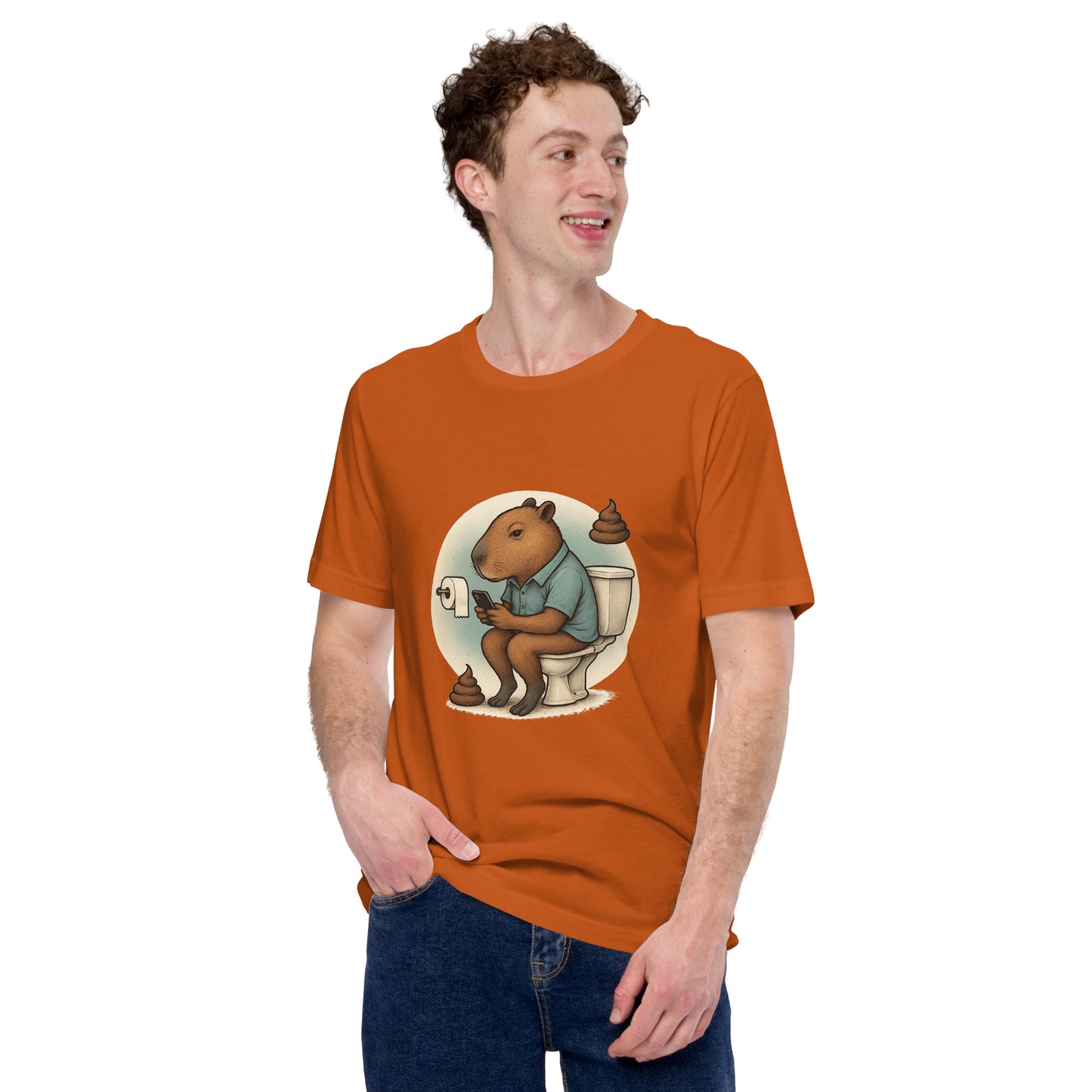 Cartoon Male Capybara sitting on toilet checking mobile phone with poop emojis Men's T-Shirt front view