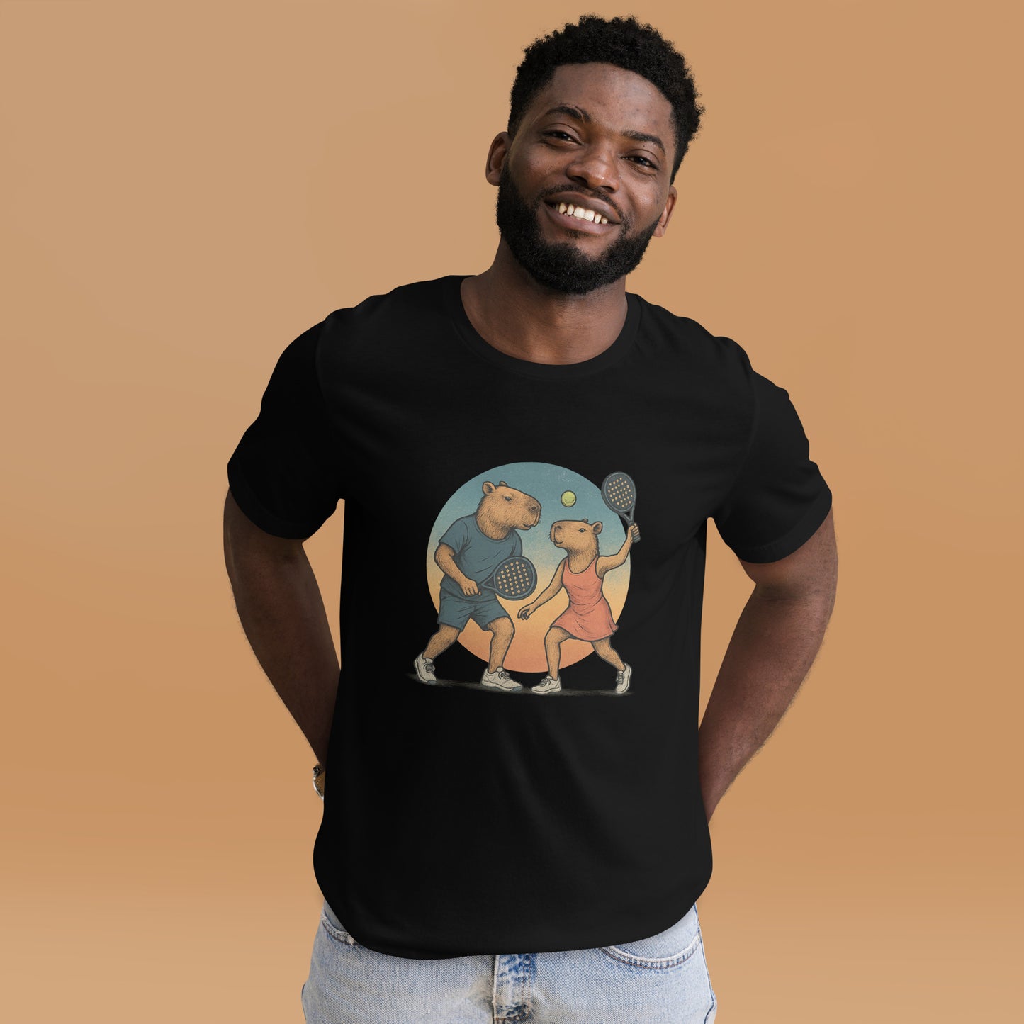 Cartoon Capybara Padel Players Men's Sport T-Shirt front view