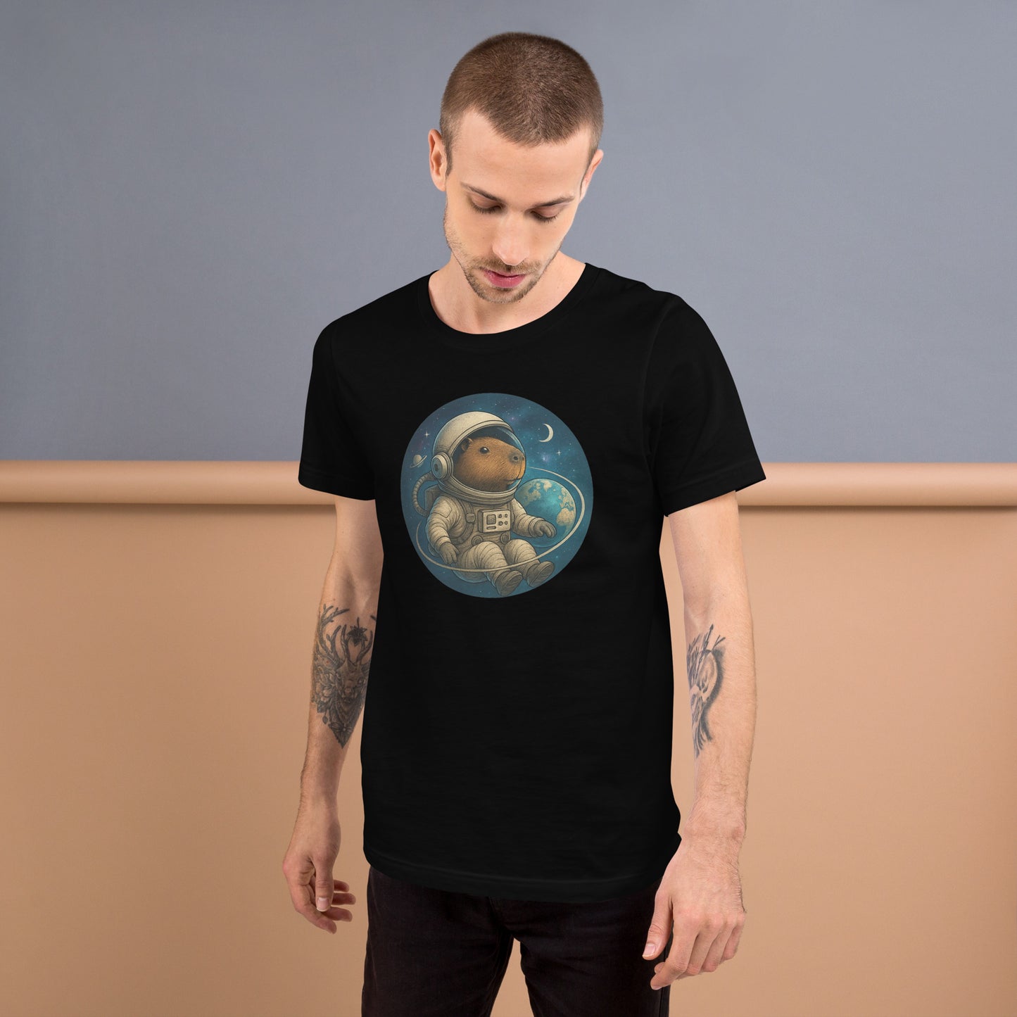 Cartoon Astronaut Capybara floating in Space with Earth, Moon, and Saturn Men's T-Shirt front view