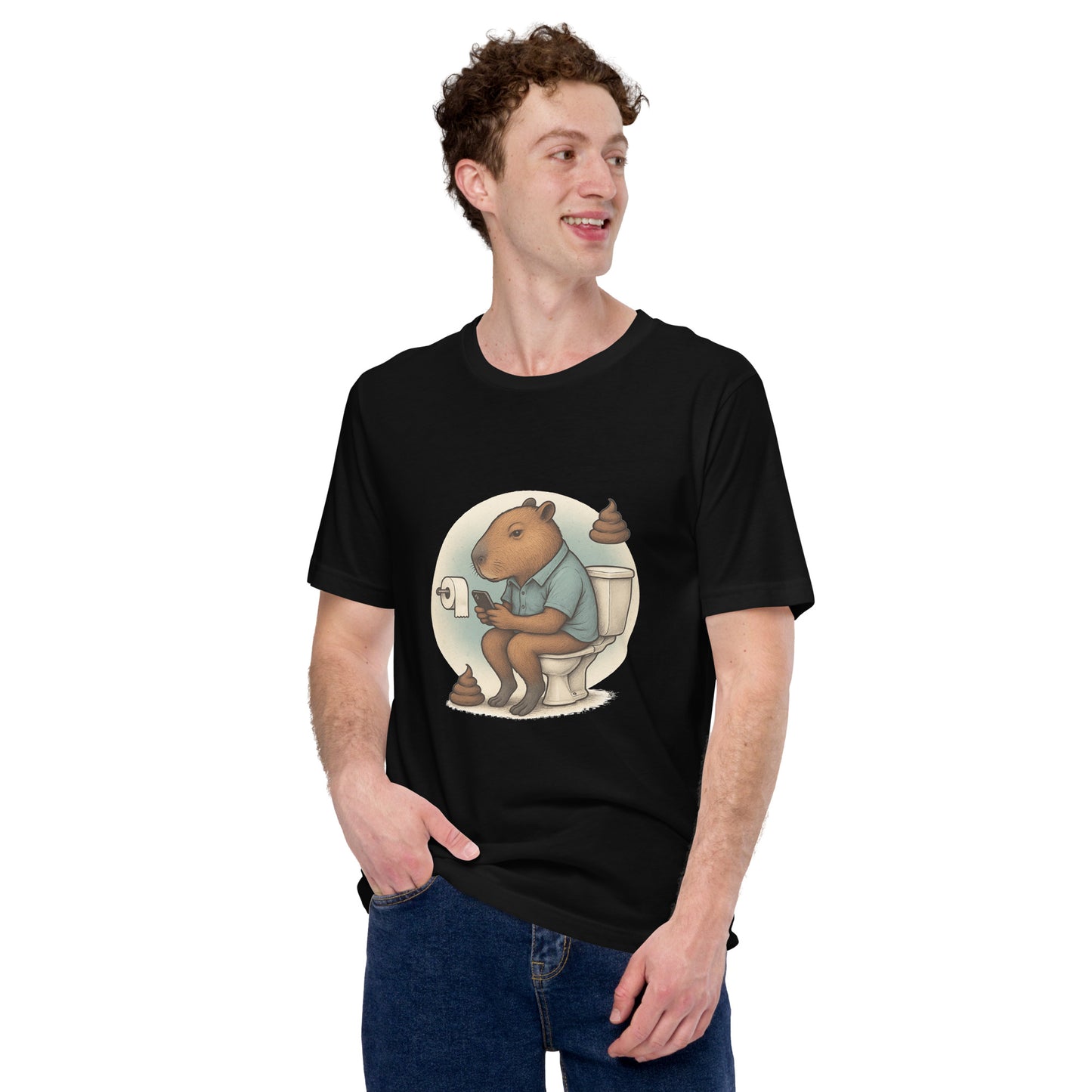 Cartoon Male Capybara sitting on toilet checking mobile phone with poop emojis Men's T-Shirt front view
