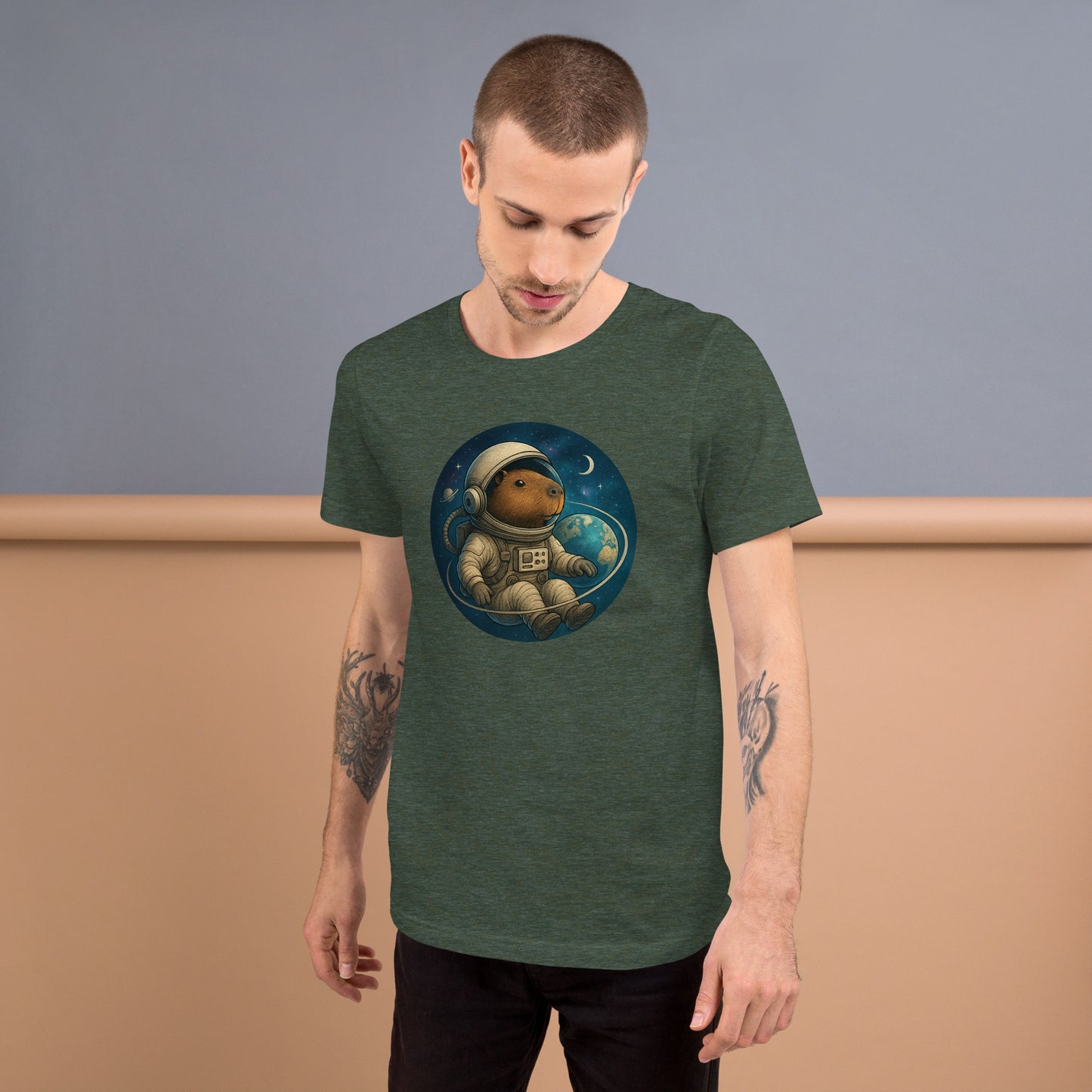 Cartoon Astronaut Capybara floating in Space with Earth, Moon, and Saturn Men's T-Shirt front view