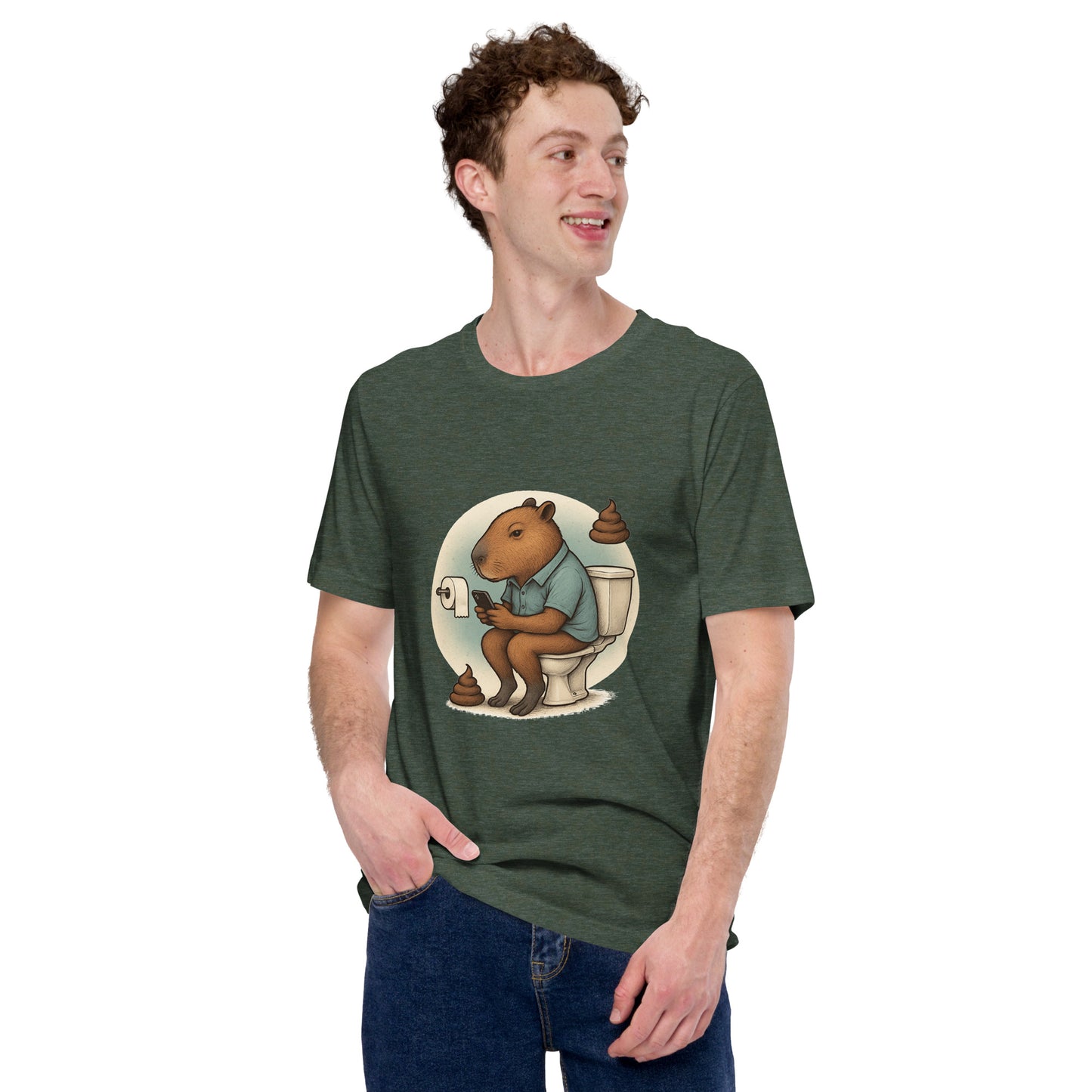 Cartoon Male Capybara sitting on toilet checking mobile phone with poop emojis Men's T-Shirt front view