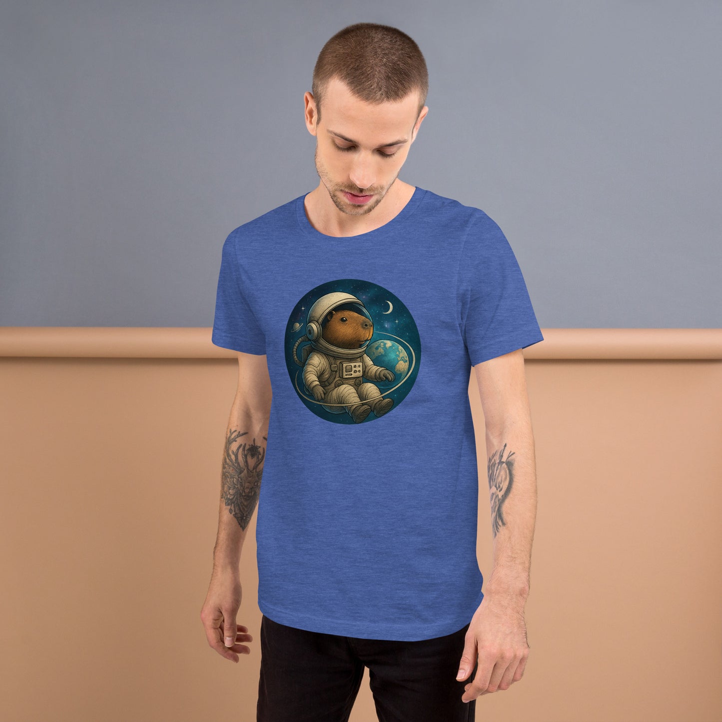 Cartoon Astronaut Capybara floating in Space with Earth, Moon, and Saturn Men's T-Shirt front view