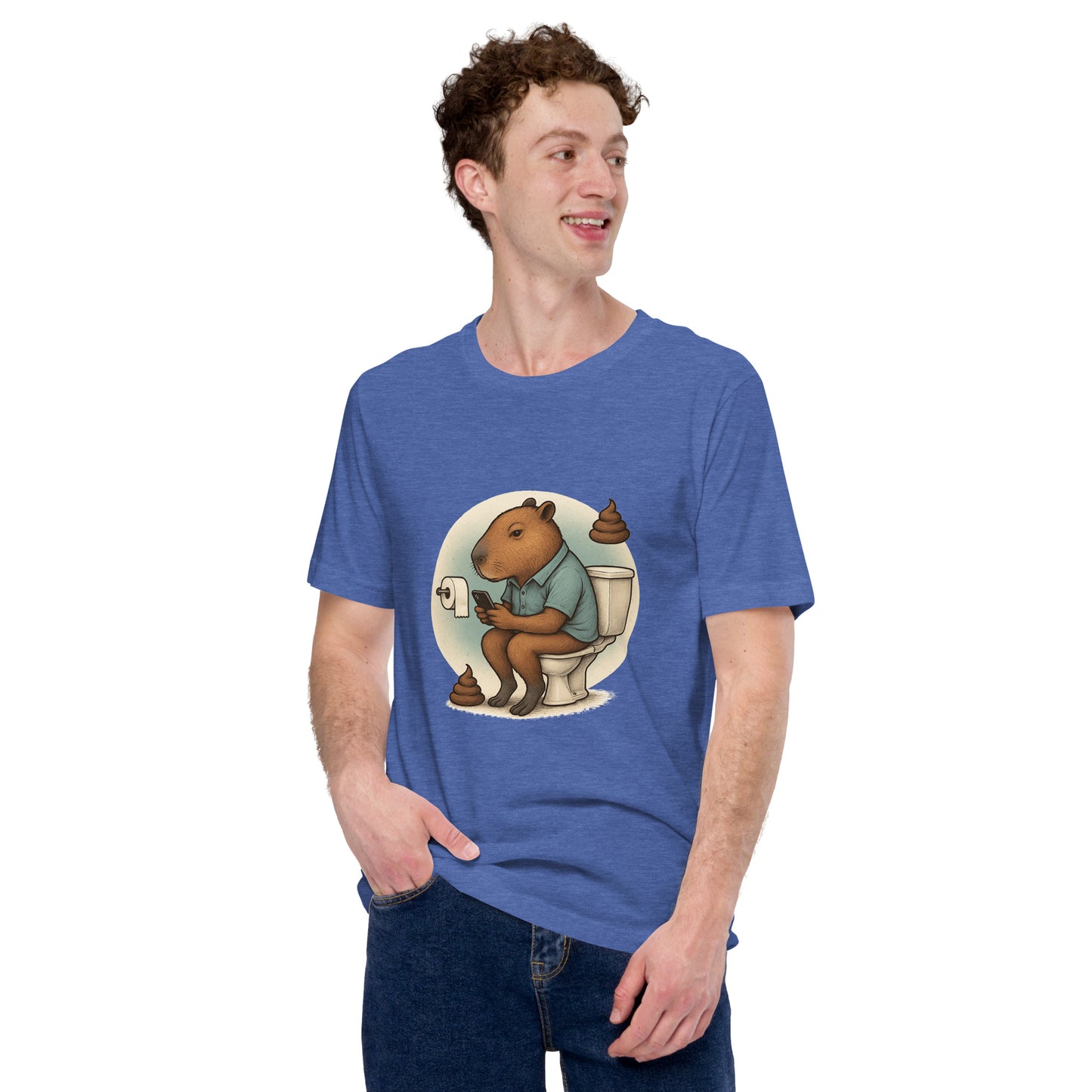 Cartoon Male Capybara sitting on toilet checking mobile phone with poop emojis Men's T-Shirt front view