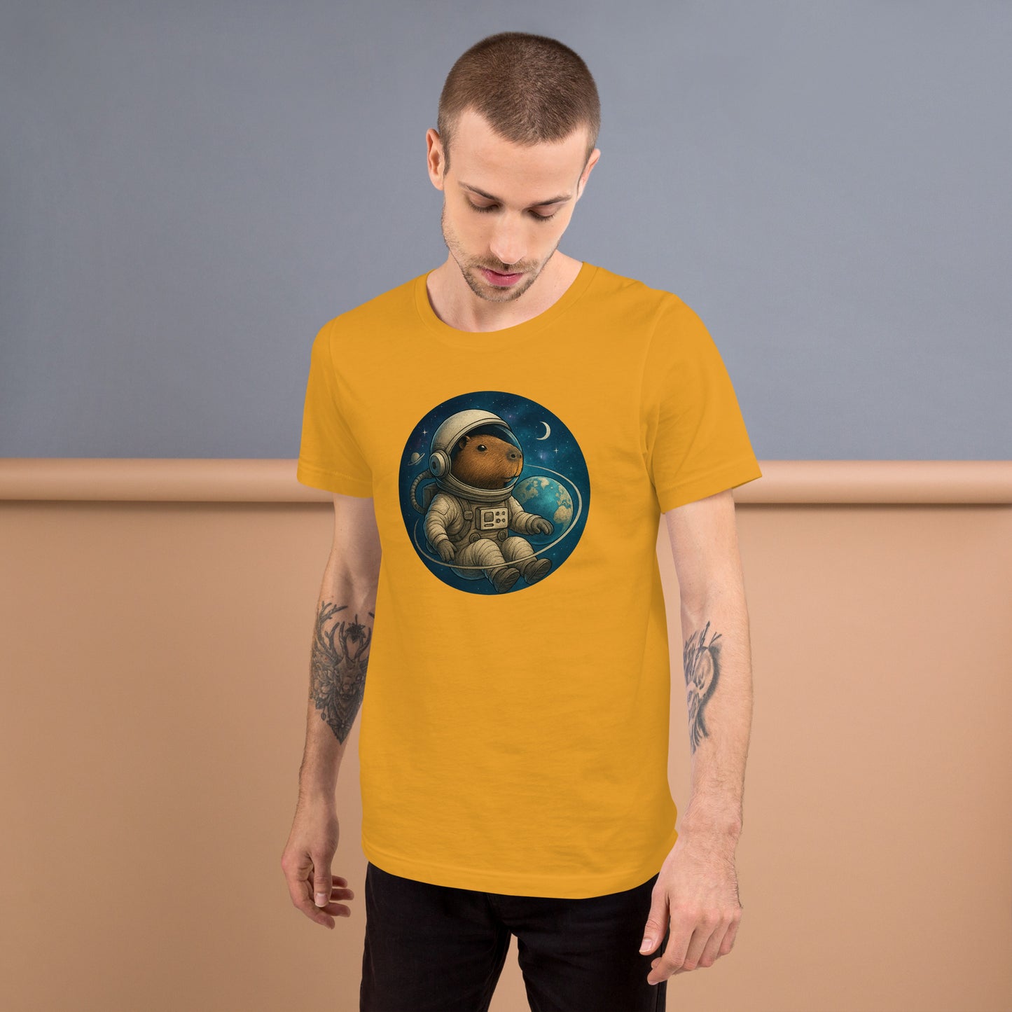 Cartoon Astronaut Capybara floating in Space with Earth, Moon, and Saturn Men's T-Shirt front view