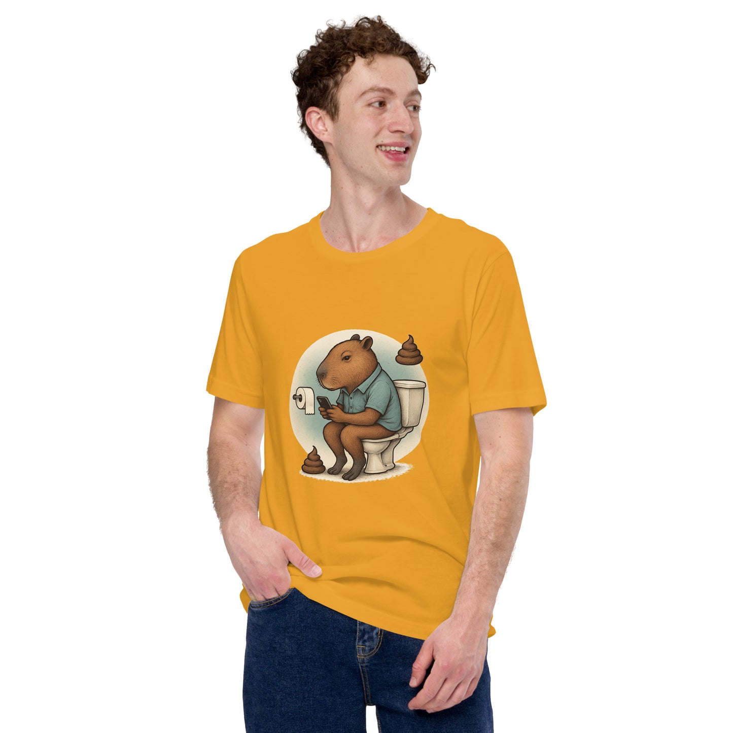Cartoon Male Capybara sitting on toilet checking mobile phone with poop emojis Men's T-Shirt front view