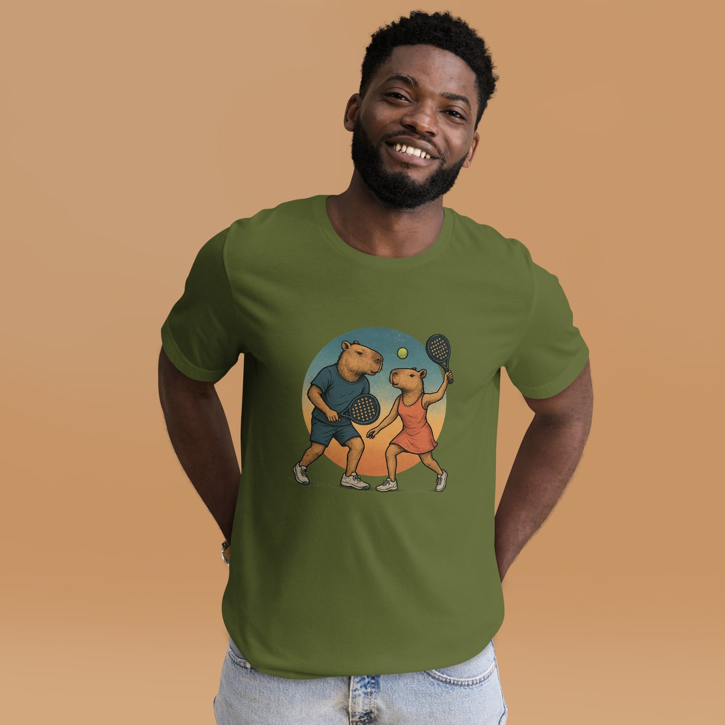 Cartoon Capybara Padel Players Men's Sport T-Shirt front view