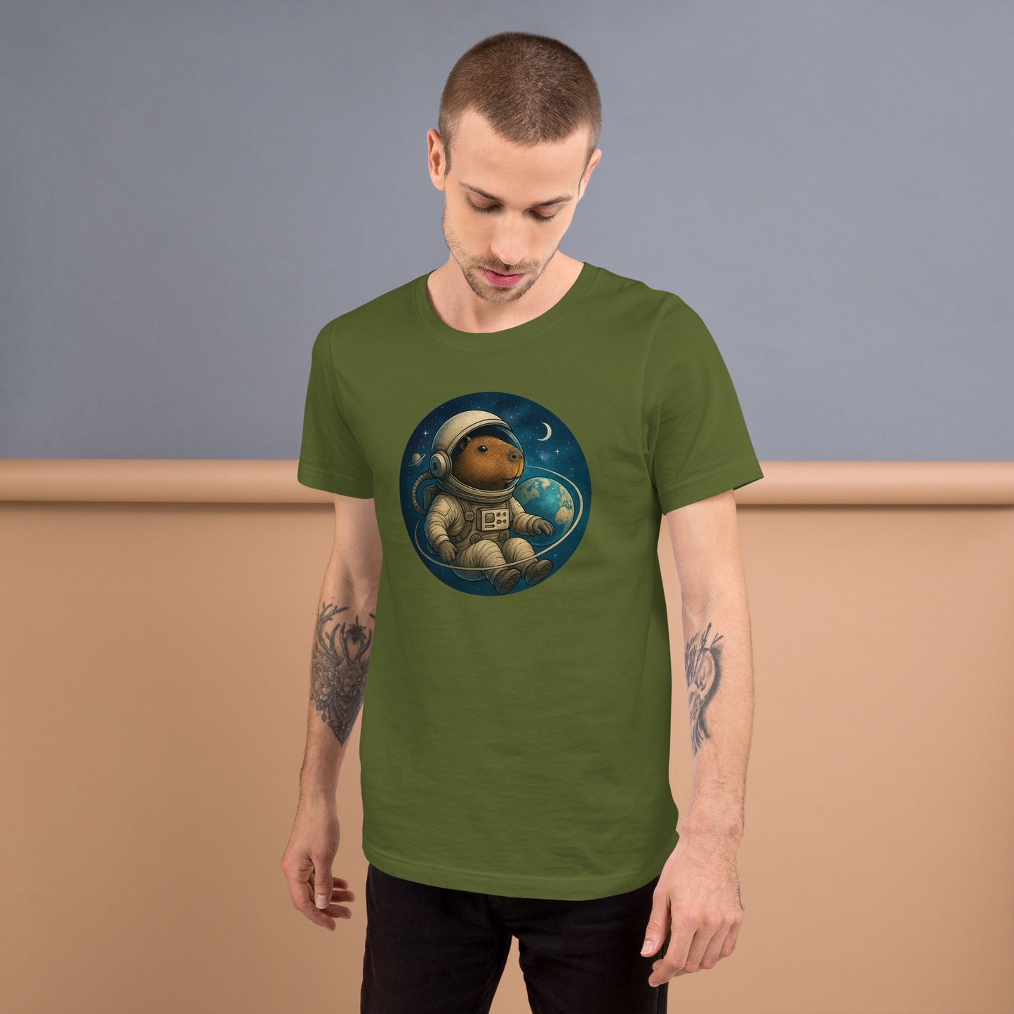 Cartoon Astronaut Capybara floating in Space with Earth, Moon, and Saturn Men's T-Shirt front view