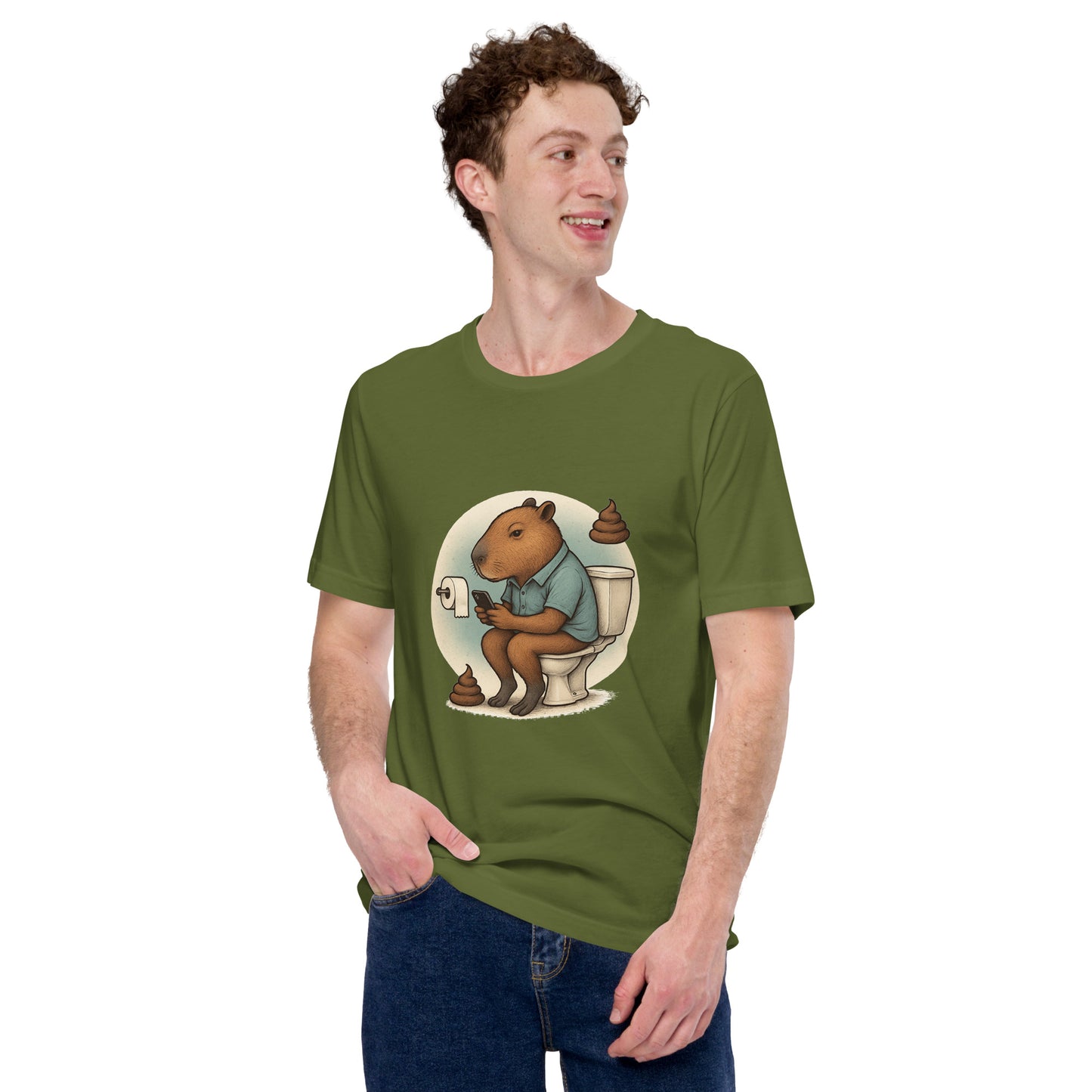 Cartoon Male Capybara sitting on toilet checking mobile phone with poop emojis Men's T-Shirt front view