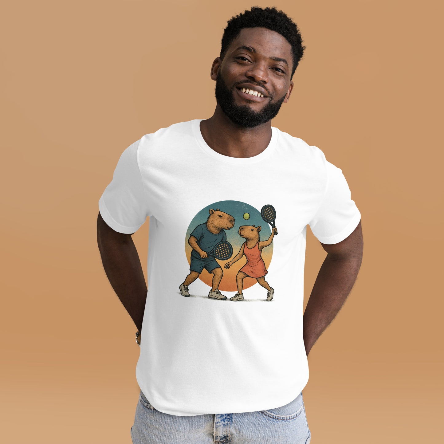 Cartoon Capybara Padel Players Men's Sport T-Shirt front view