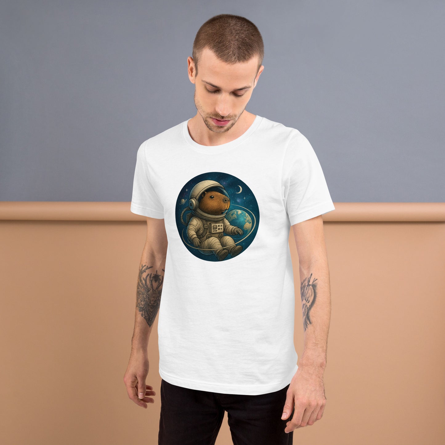 Cartoon Astronaut Capybara floating in Space with Earth, Moon, and Saturn Men's T-Shirt front view