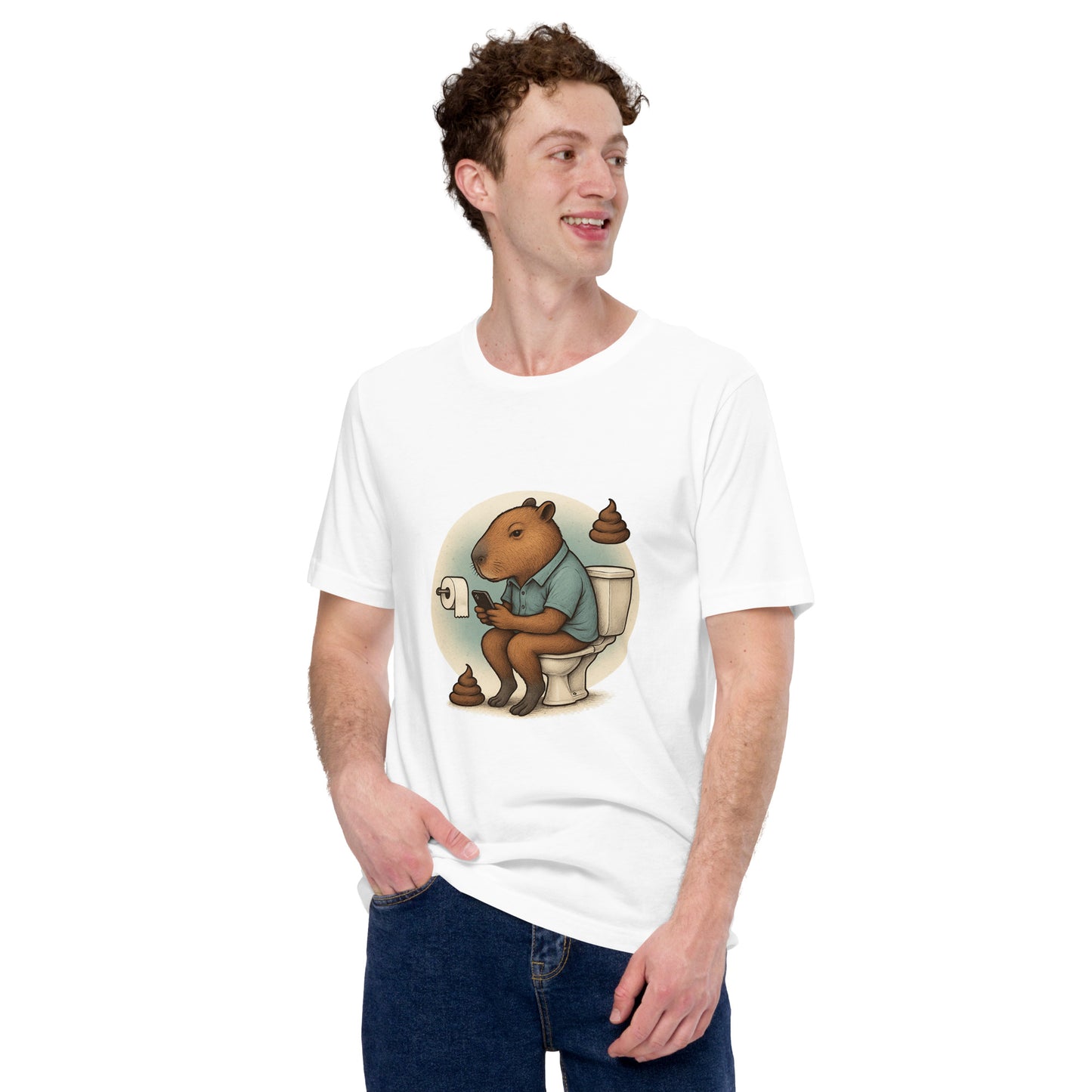Cartoon Male Capybara sitting on toilet checking mobile phone with poop emojis Men's T-Shirt front view