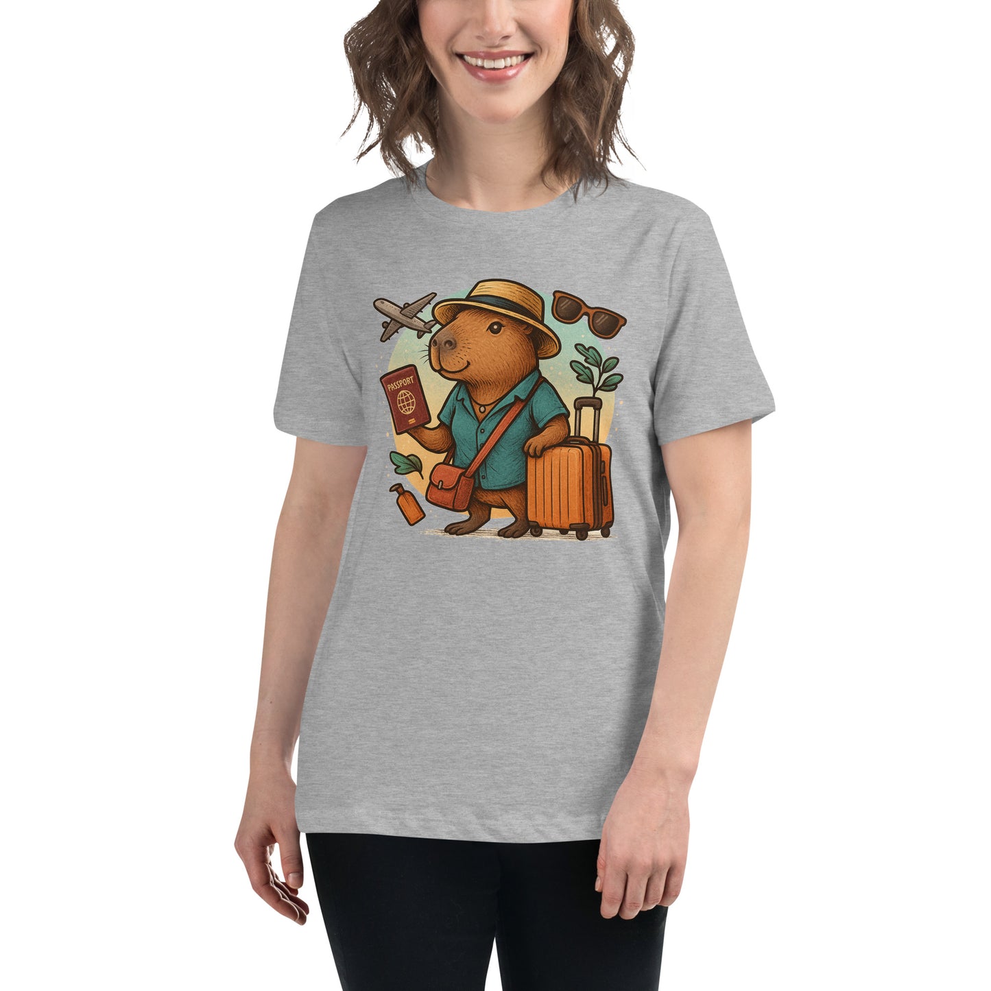 Cartoon Woman Capybara holding passport leaning on suitcase with straw hat and satchel bag, plane and sunglasses in background Women's T-Shirt front view
