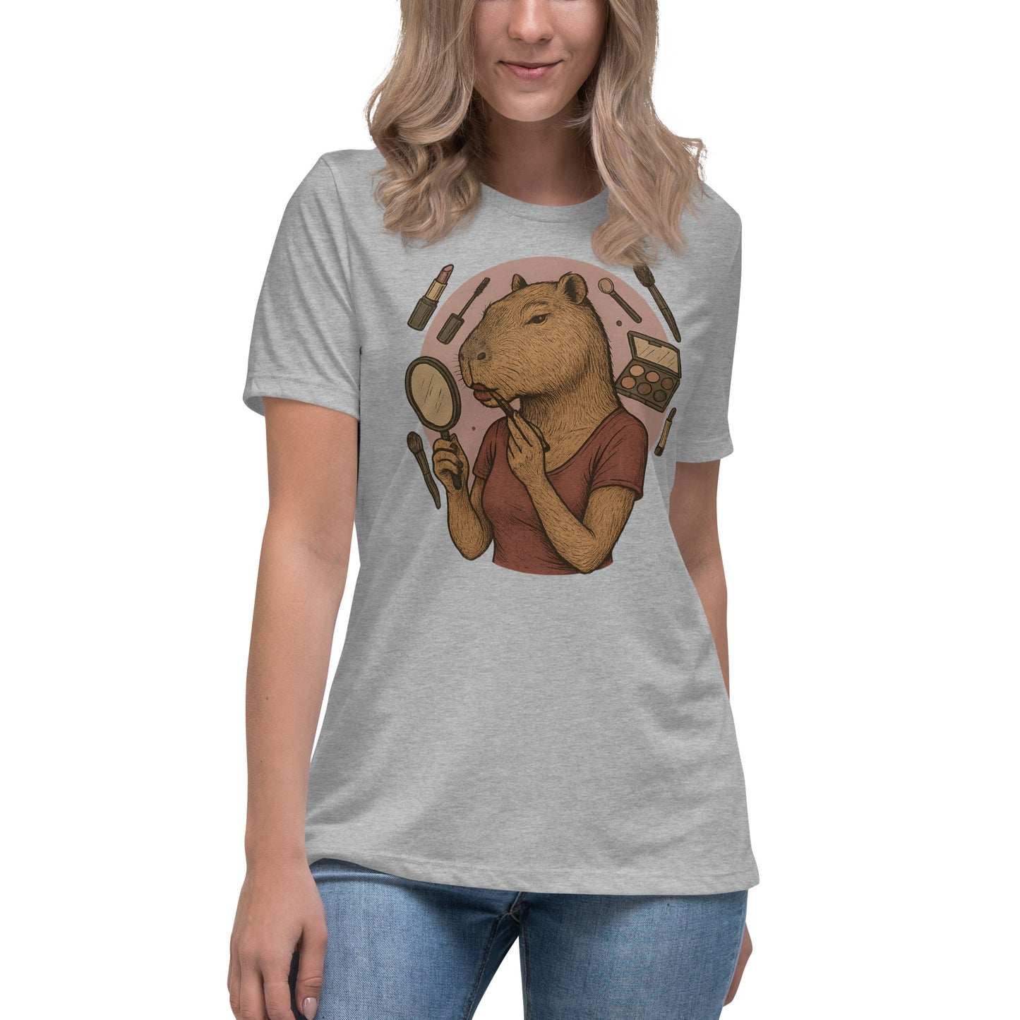 Cartoon Woman Capybara applying lipstick looking in hand mirror with makeup background Women's T-Shirt front view