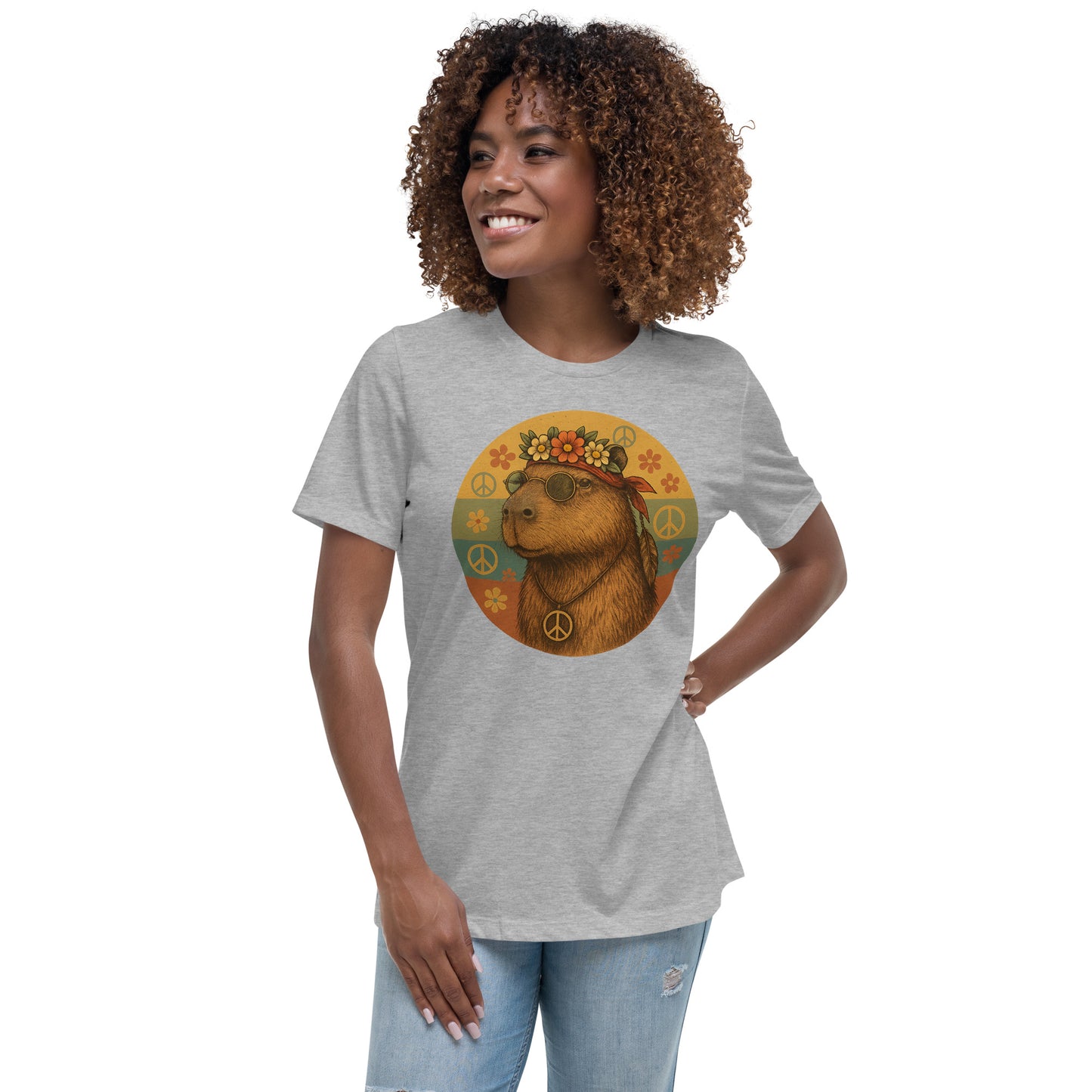 Cartoon Woman Hippie Capybara with John Lennon glasses, peace symbol, and flower headband Women's T-Shirt front view
