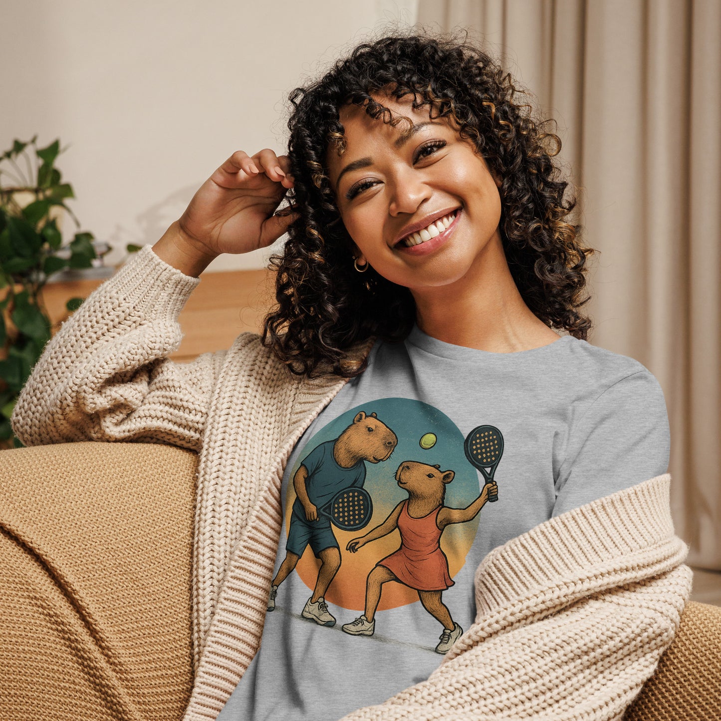 Cartoon Capybara Padel Players Women's Sport T-Shirt front view