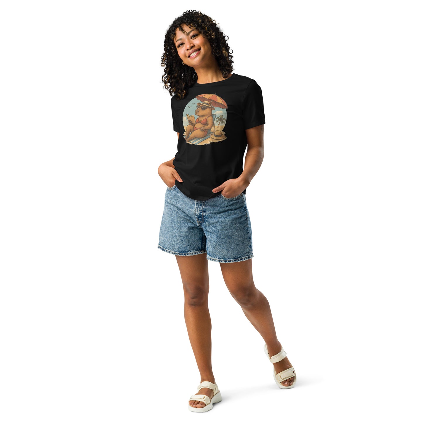 Cartoon Woman Capybara laying on beach in bikini reading book under umbrella Women's T-Shirt front view
