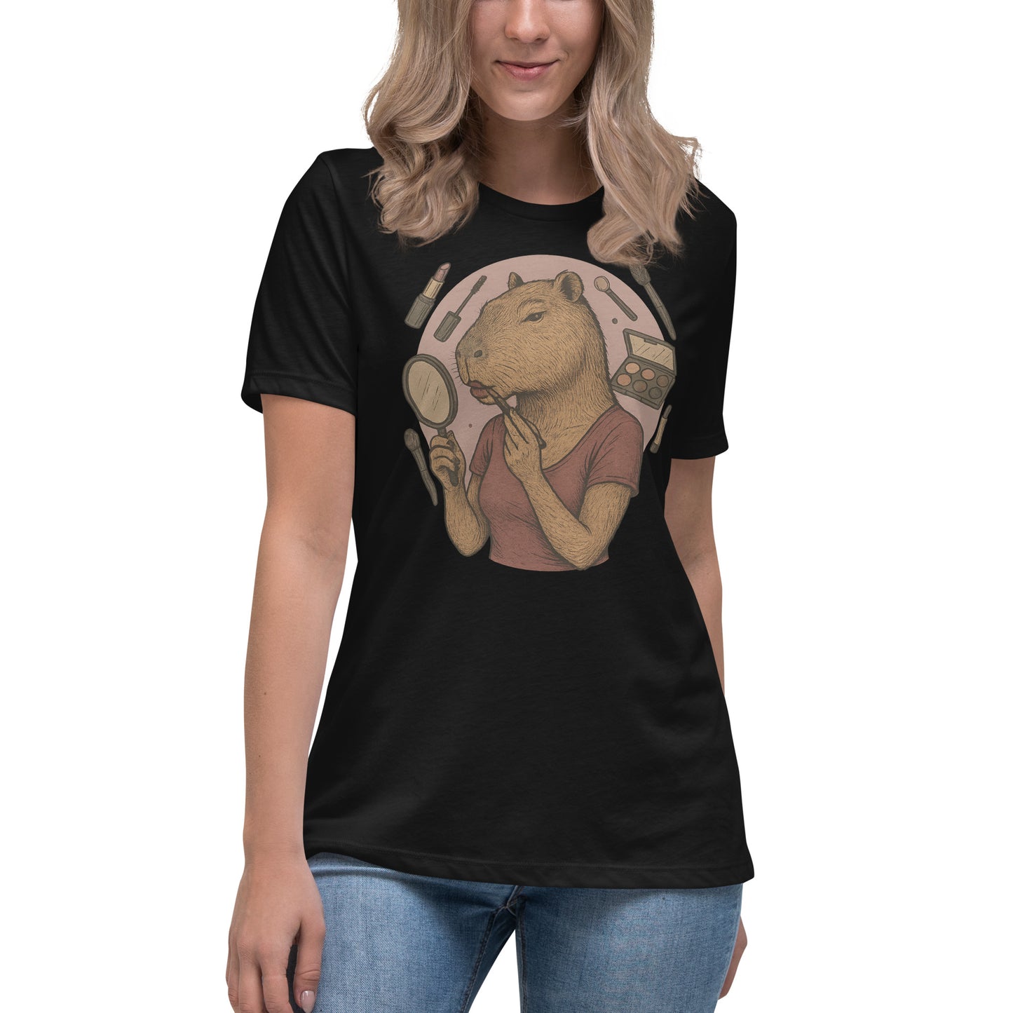 Cartoon Woman Capybara applying lipstick looking in hand mirror with makeup background Women's T-Shirt front view