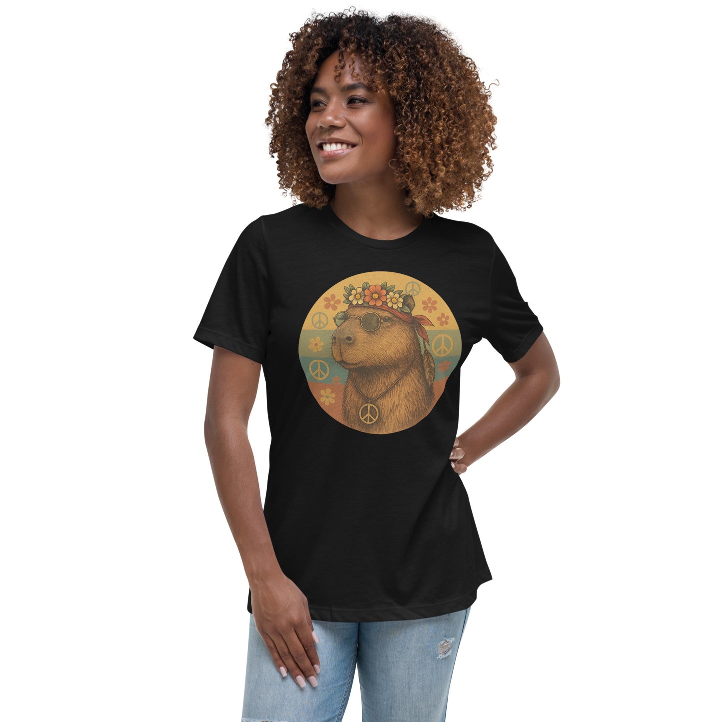 Cartoon Woman Hippie Capybara with John Lennon glasses, peace symbol, and flower headband Women's T-Shirt front view