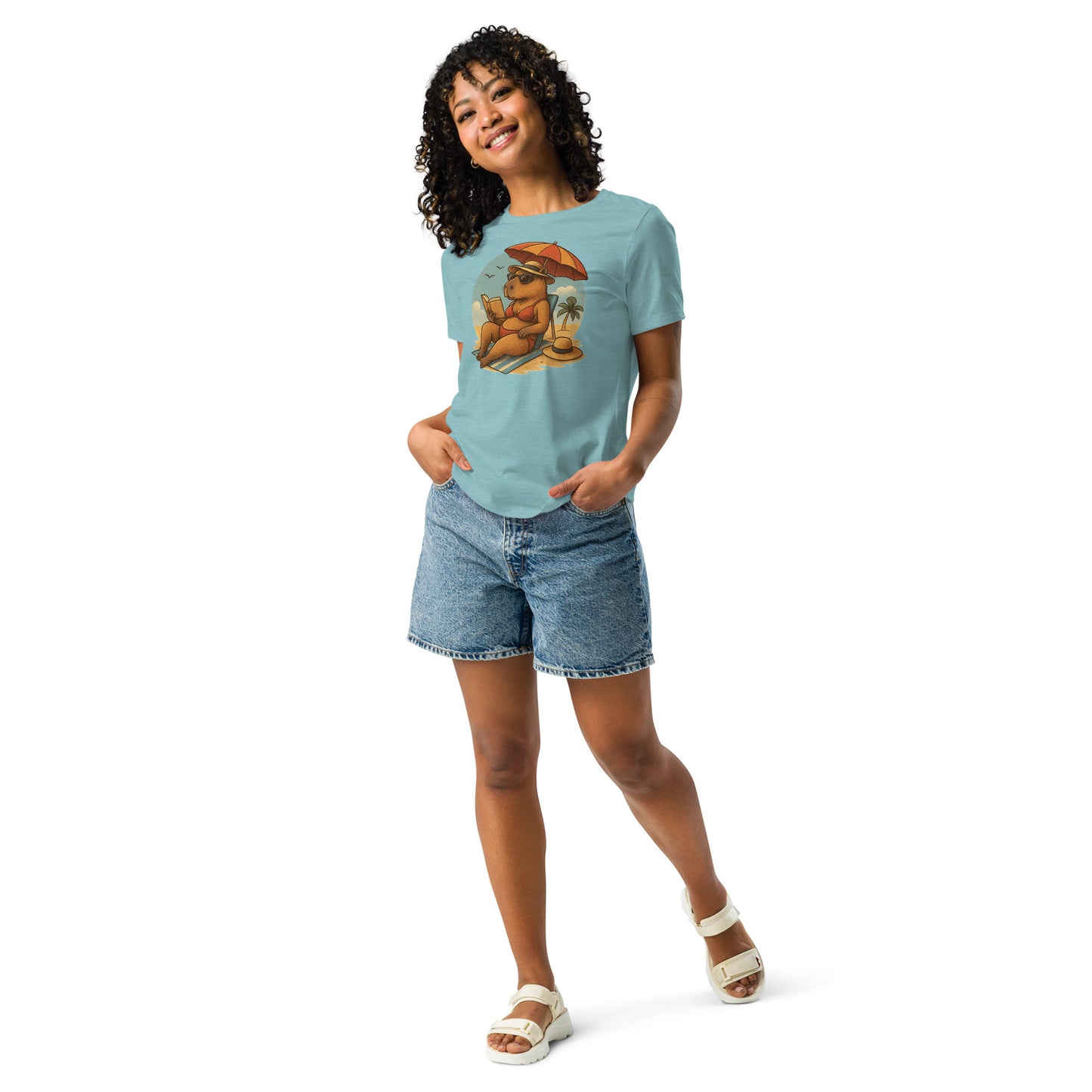 Cartoon Woman Capybara laying on beach in bikini reading book under umbrella Women's T-Shirt front view