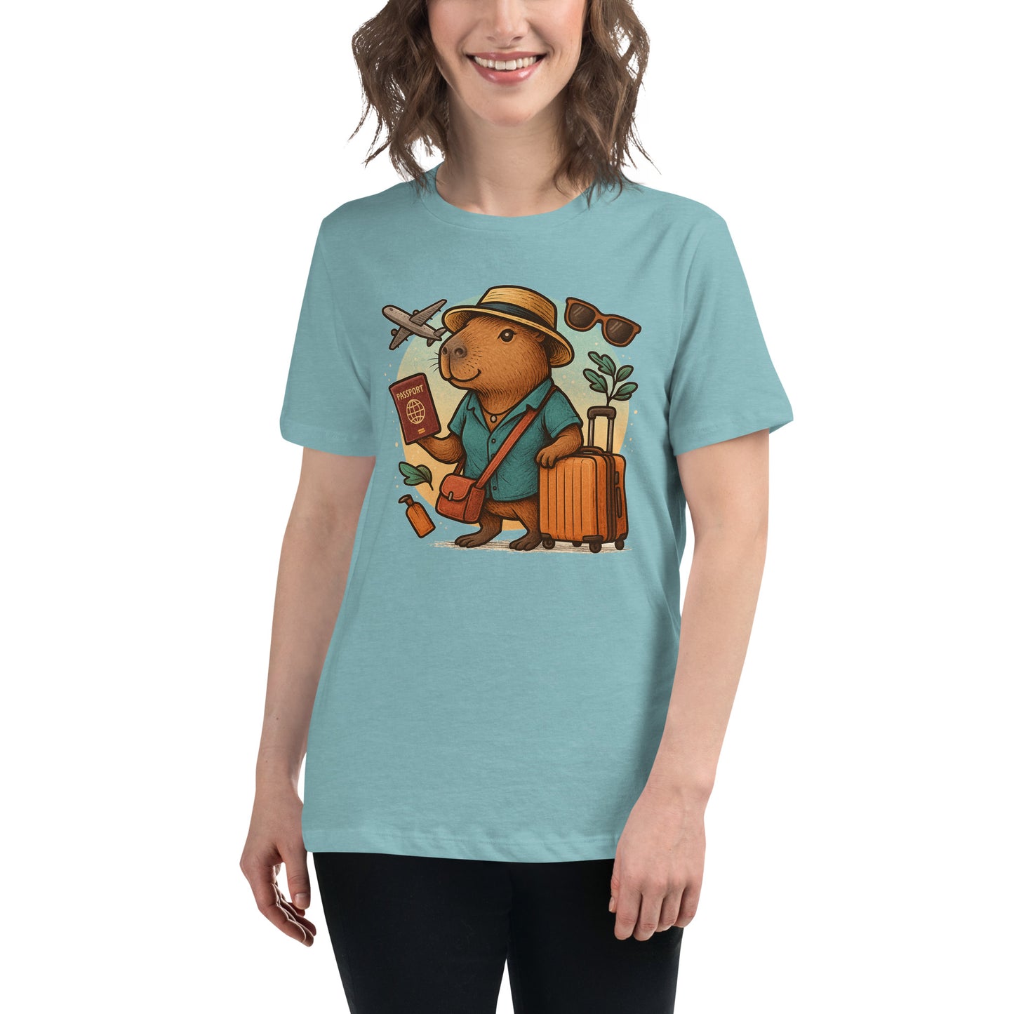 Cartoon Woman Capybara holding passport leaning on suitcase with straw hat and satchel bag, plane and sunglasses in background Women's T-Shirt front view