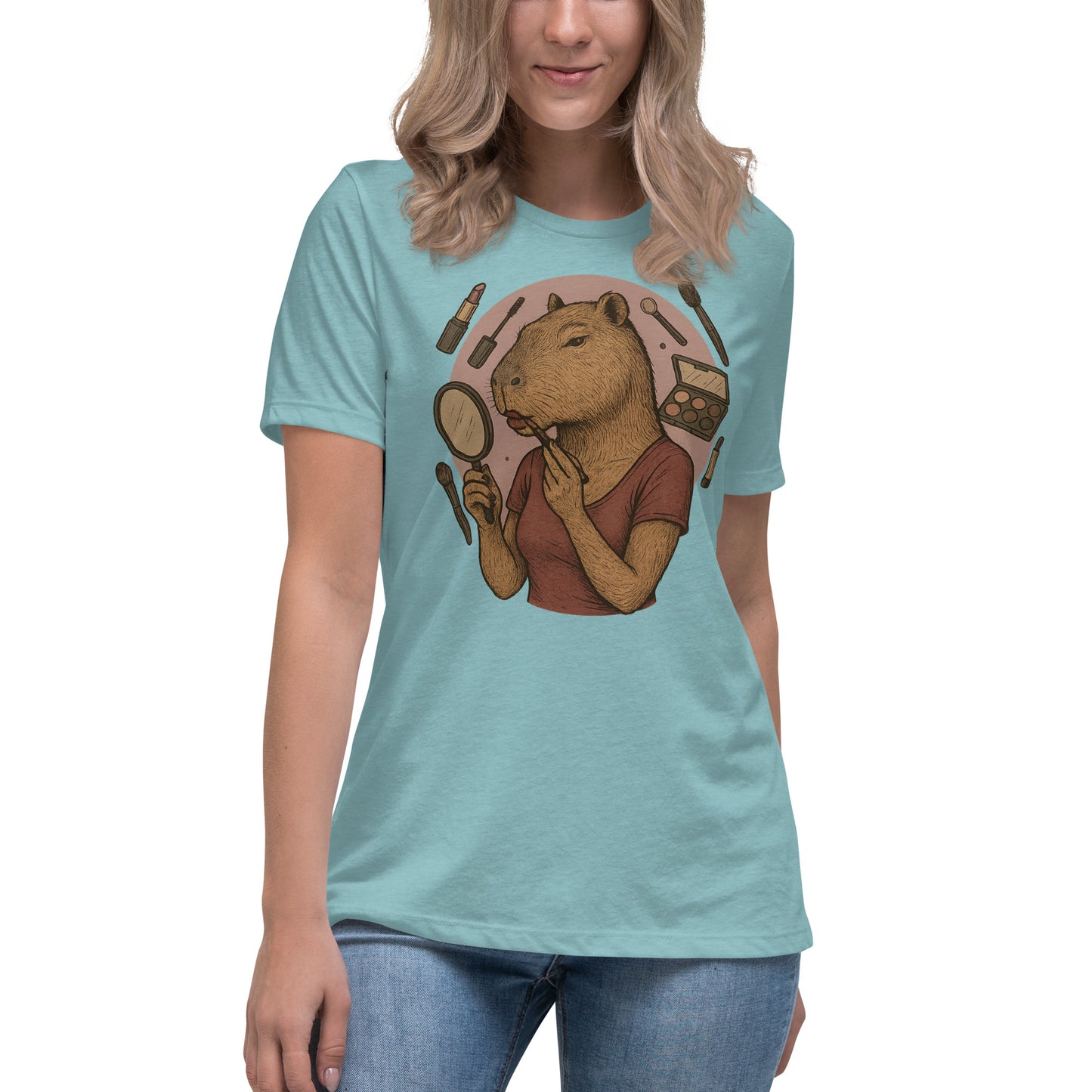 Cartoon Woman Capybara applying lipstick looking in hand mirror with makeup background Women's T-Shirt front view
