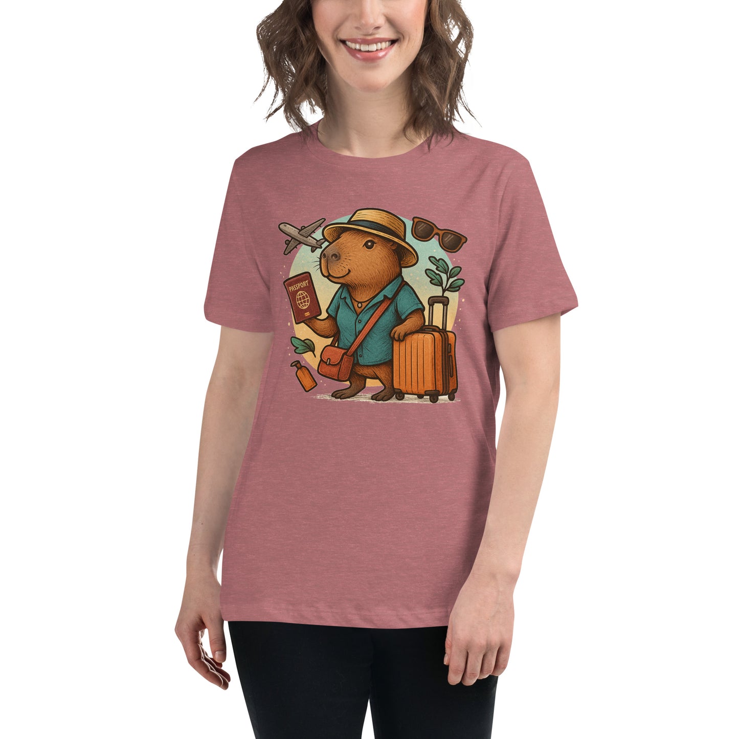 Cartoon Woman Capybara holding passport leaning on suitcase with straw hat and satchel bag, plane and sunglasses in background Women's T-Shirt front view
