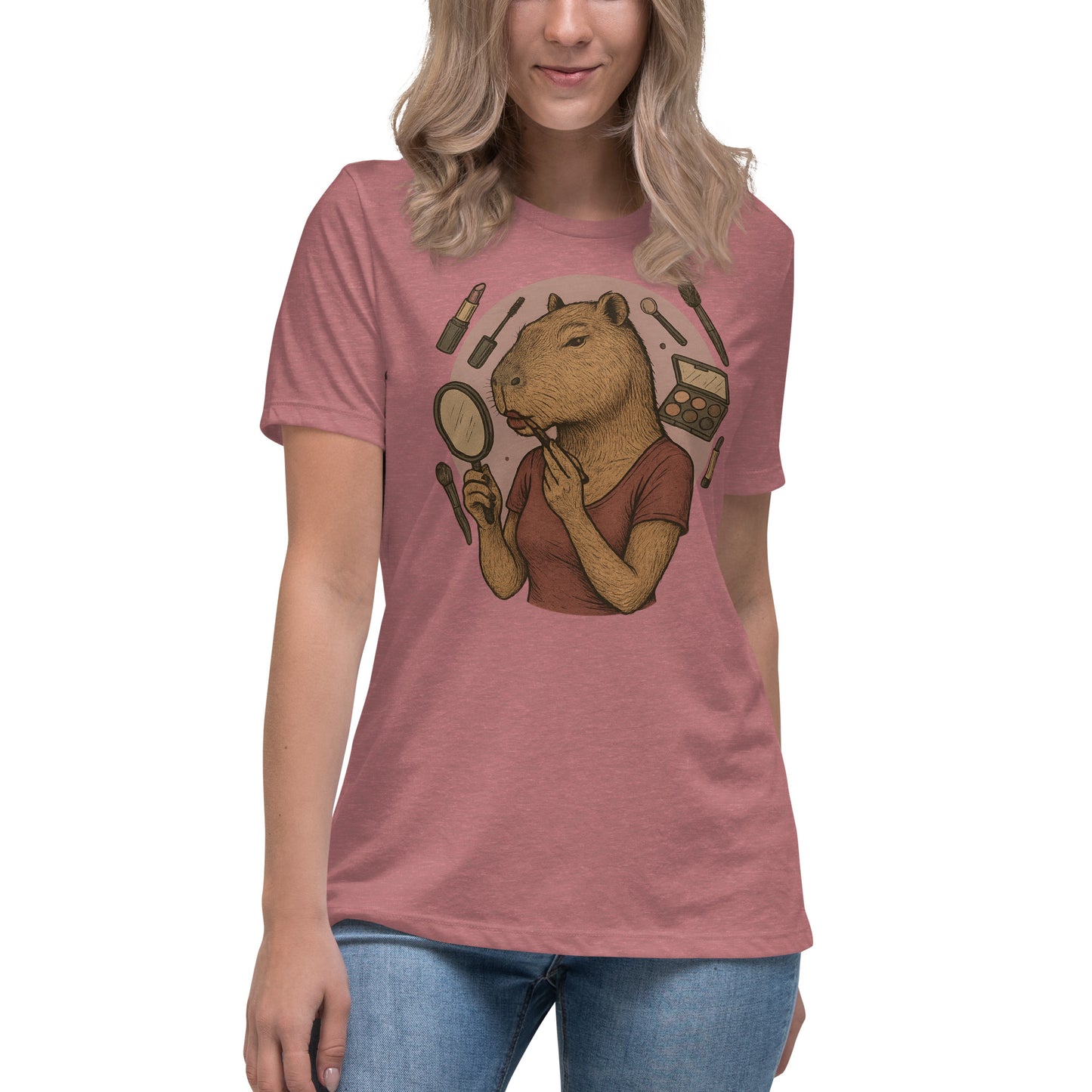 Cartoon Woman Capybara applying lipstick looking in hand mirror with makeup background Women's T-Shirt front view