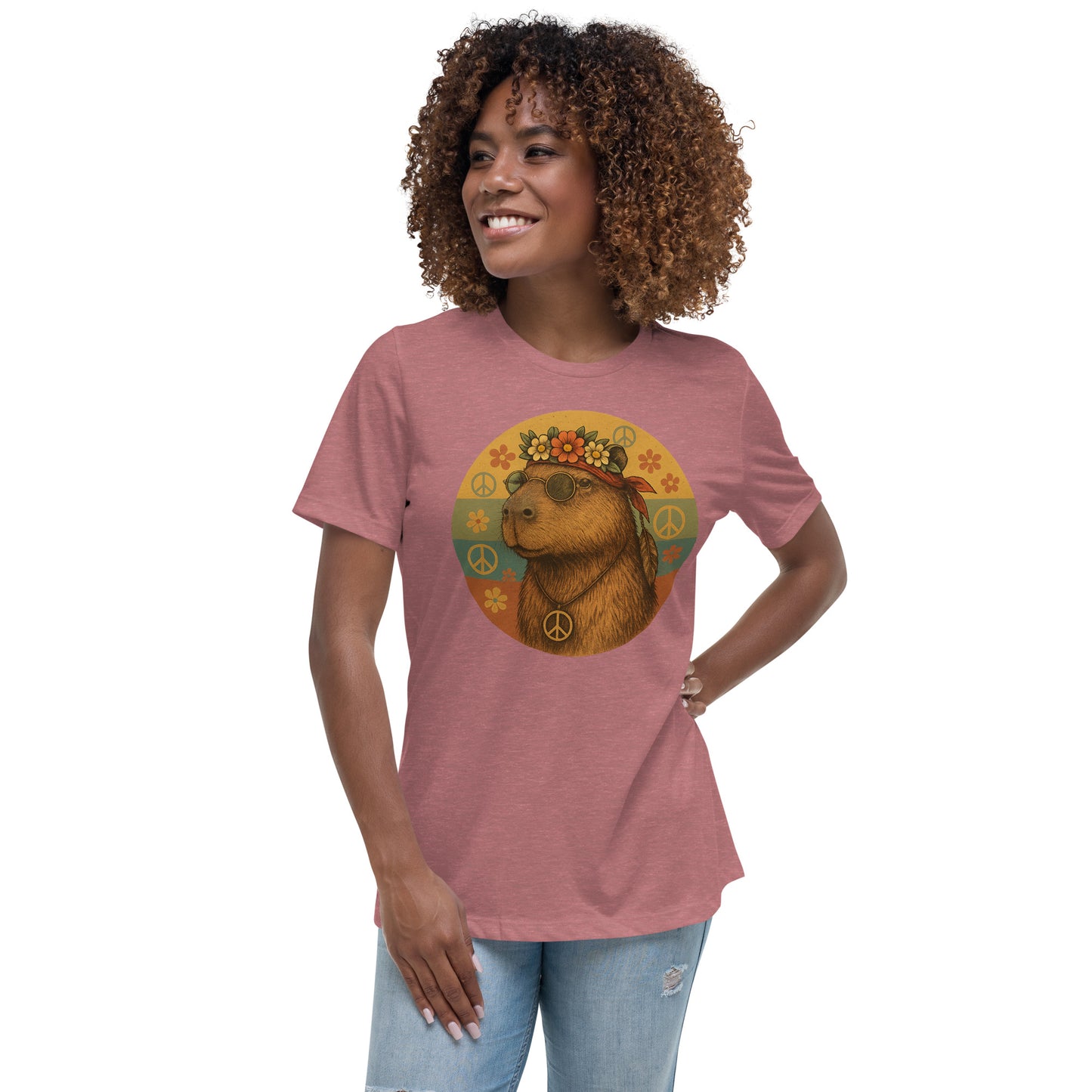 Cartoon Woman Hippie Capybara with John Lennon glasses, peace symbol, and flower headband Women's T-Shirt front view