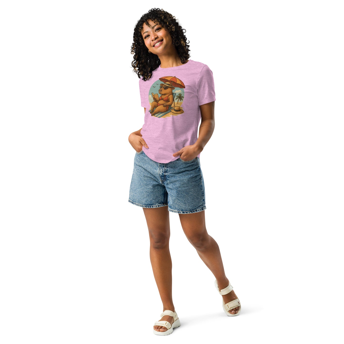 Cartoon Woman Capybara laying on beach in bikini reading book under umbrella Women's T-Shirt front view