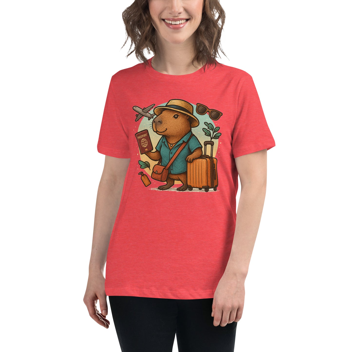 Cartoon Woman Capybara holding passport leaning on suitcase with straw hat and satchel bag, plane and sunglasses in background Women's T-Shirt front view