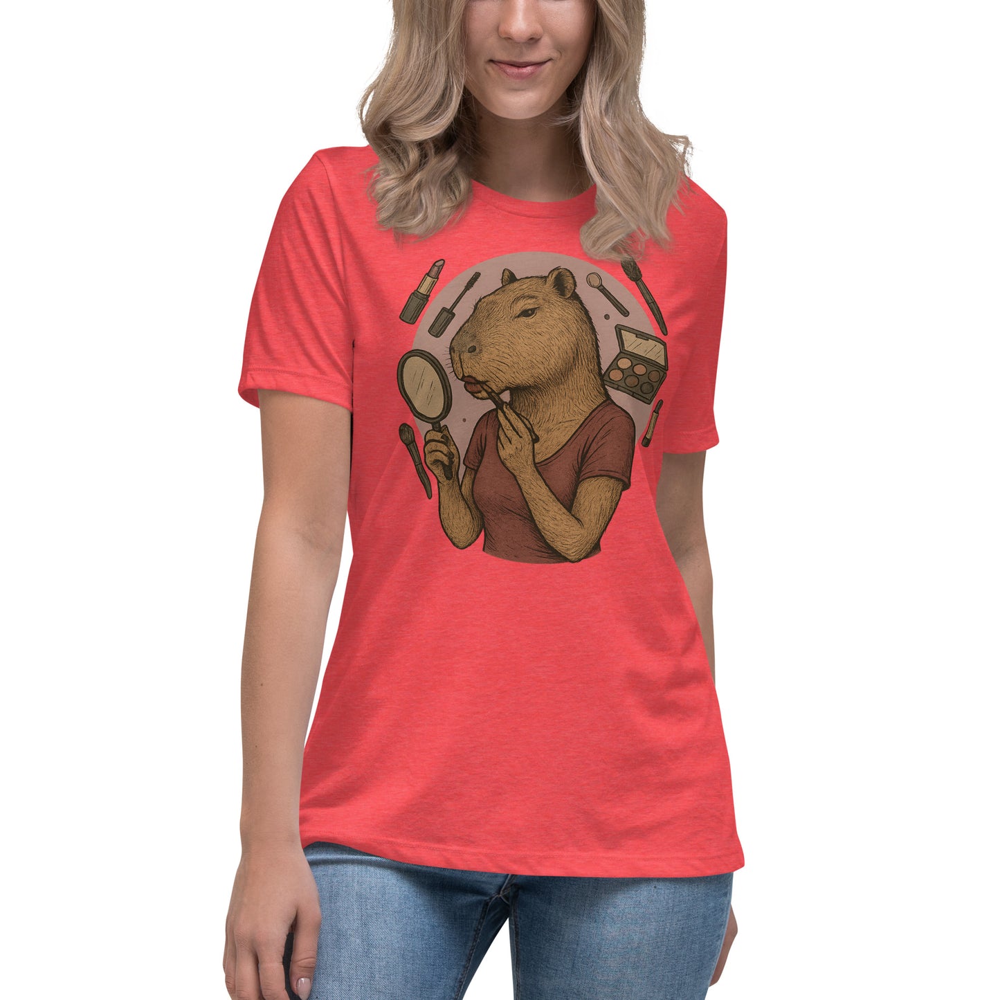 Cartoon Woman Capybara applying lipstick looking in hand mirror with makeup background Women's T-Shirt front view