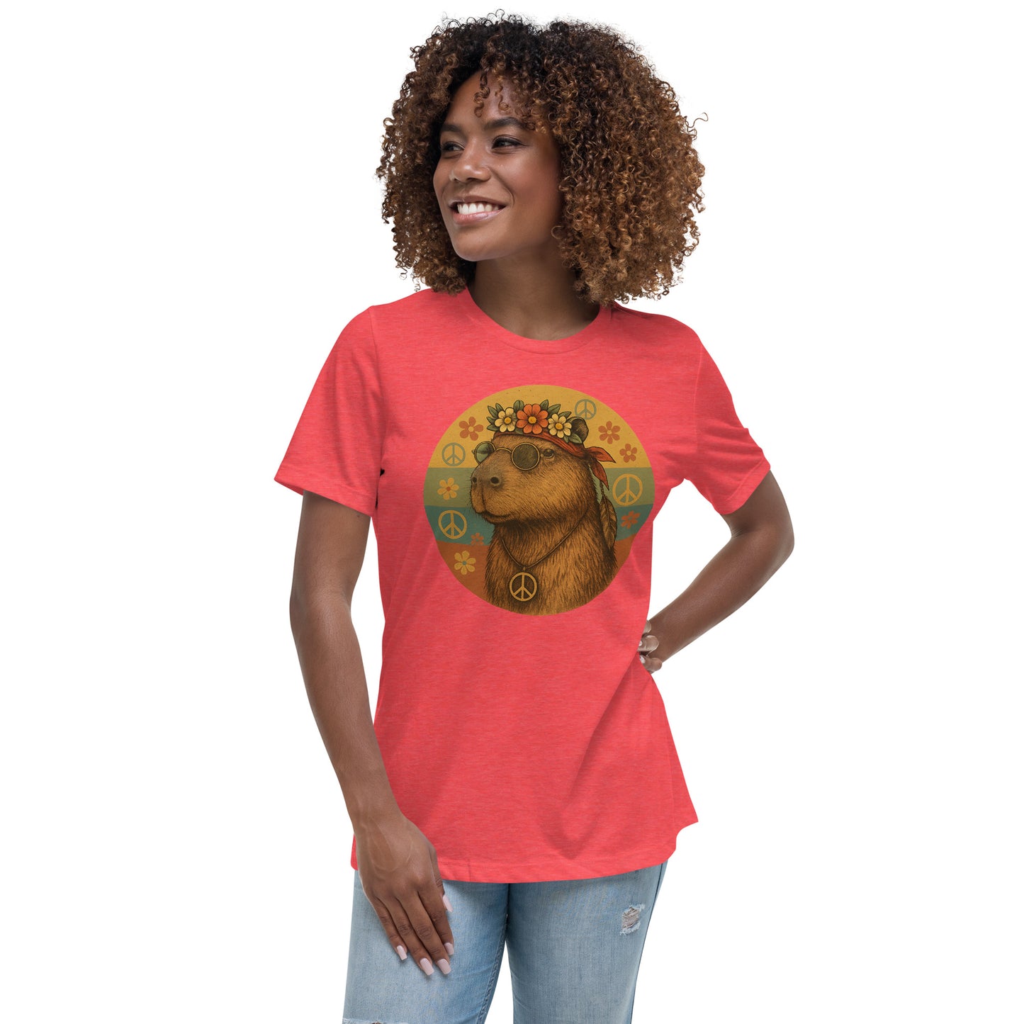 Cartoon Woman Hippie Capybara with John Lennon glasses, peace symbol, and flower headband Women's T-Shirt front view