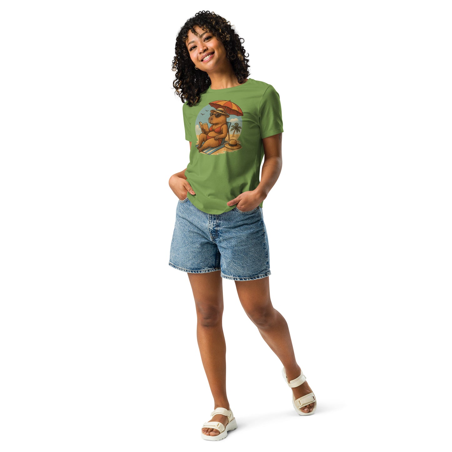 Cartoon Woman Capybara laying on beach in bikini reading book under umbrella Women's T-Shirt front view